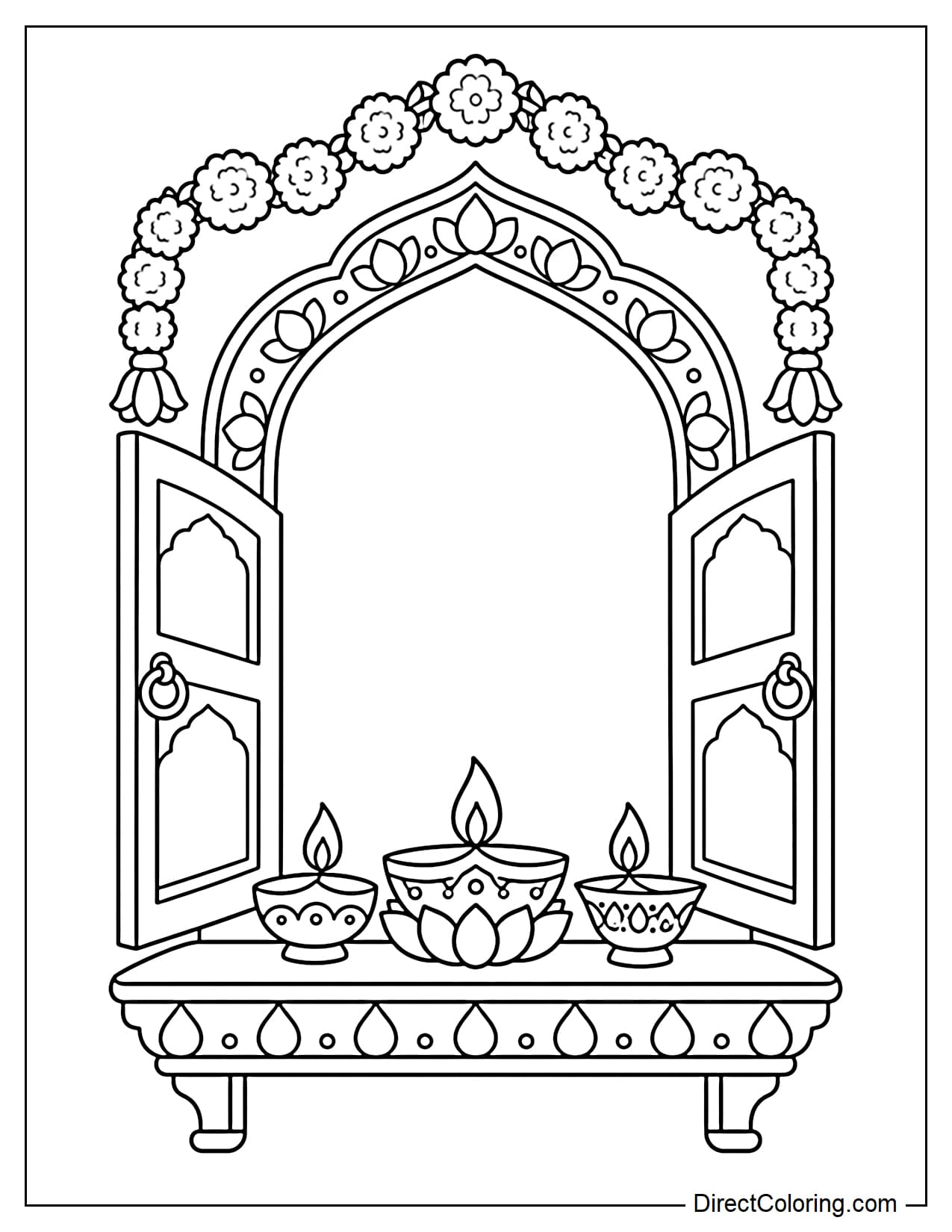 A large Indian arched window with two wooden shutters opened wide. Three diya lamps sit on the windowsill, with the center lamp resting on a lotus-shaped base. A marigold garland hangs above the arch.