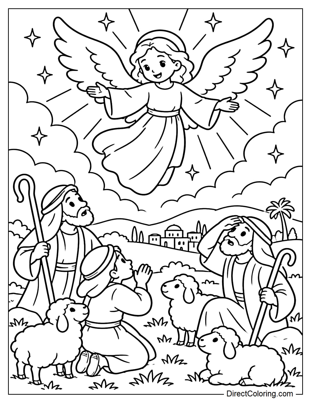 An angel appearing in the sky with wide wings and radiant light, while the shepherds below look up in amazement beside their flock of sheep in the field.