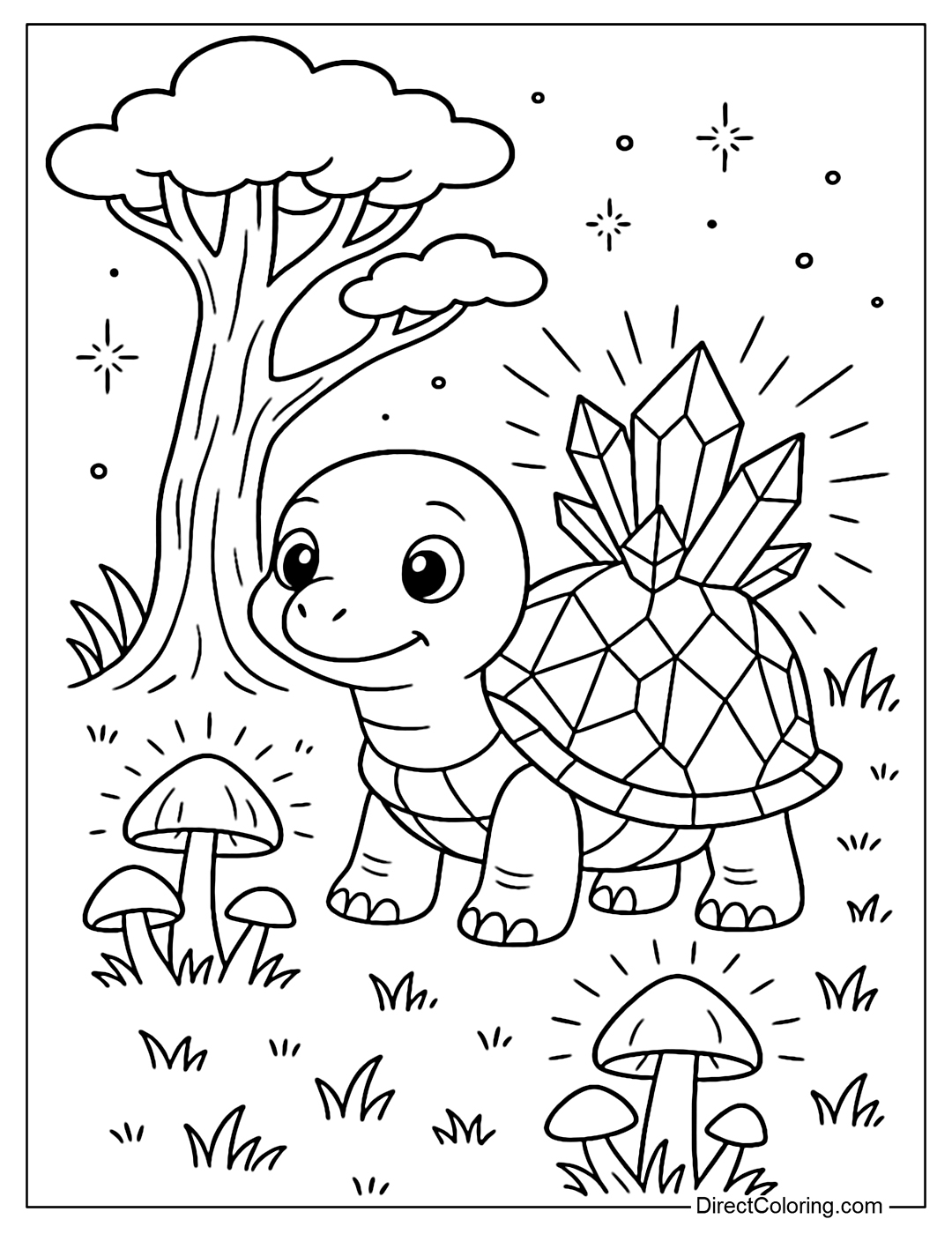 A turtle with a shell inlaid with glowing crystals, standing in the middle of a magical forest with glowing trees, glowing mushrooms and light spreading in the background.