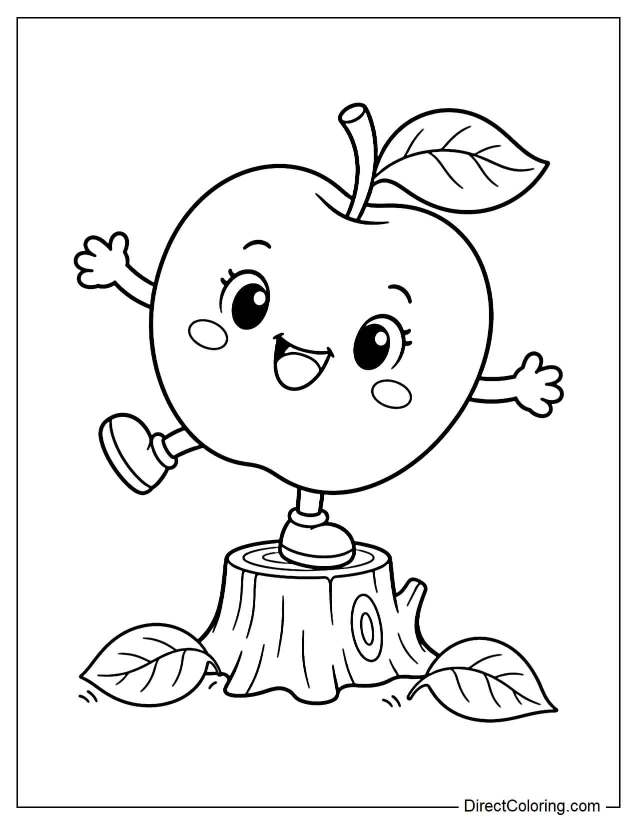 A large cute apple balancing on a low tree stump with its arms stretched out to the sides and its body tilted slightly.