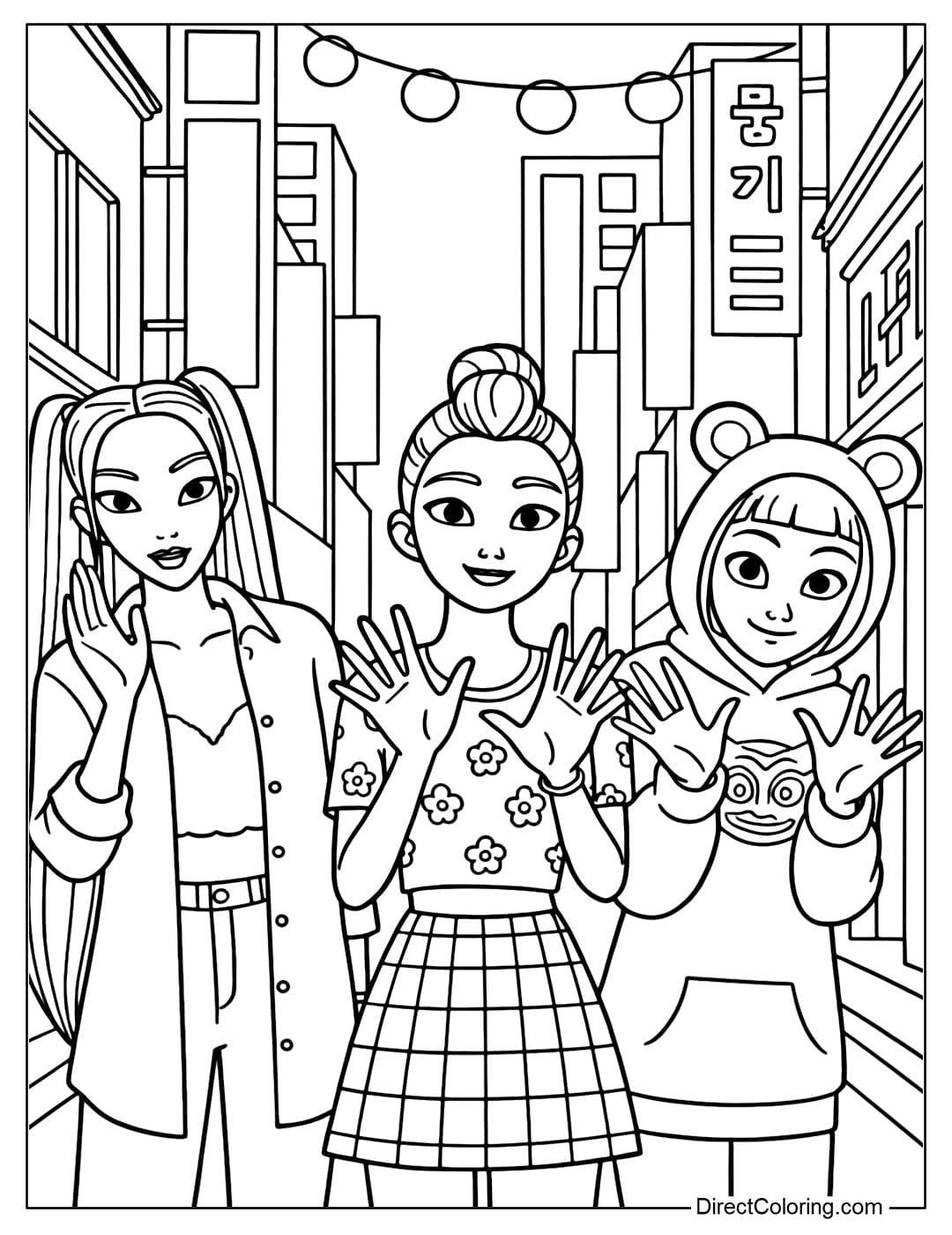 Kpop Demon Hunters Rumi, Zoey, and Mira coloring page is standing in the middle of a bustling street.