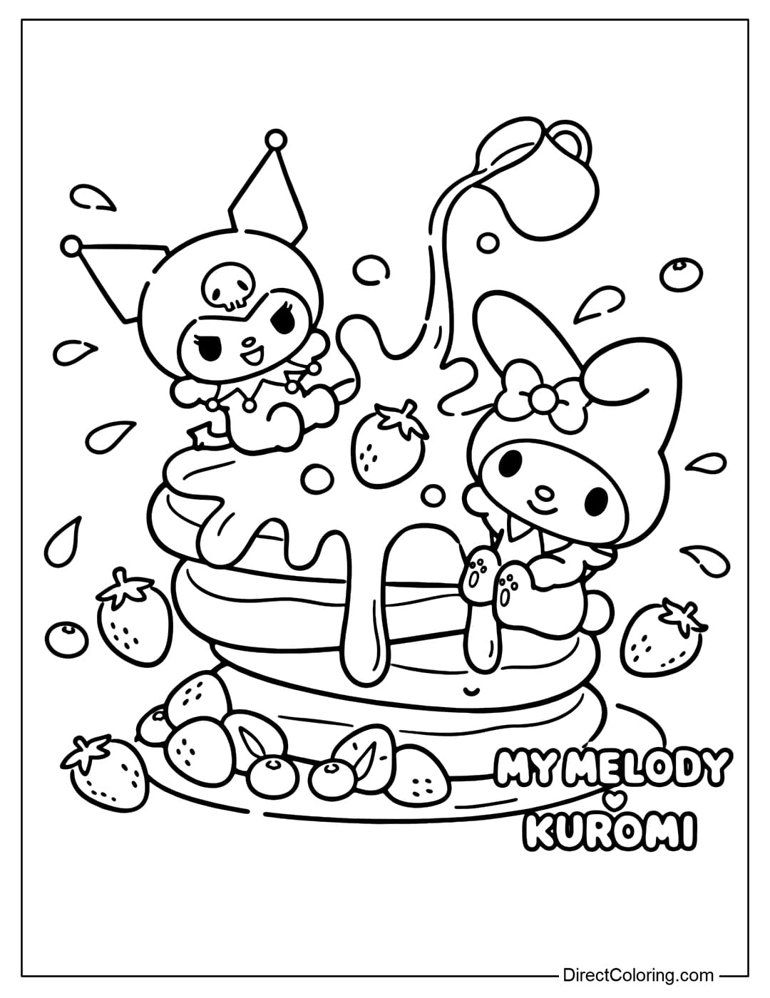 My Melody and Kuromi are playing on a giant cake covered in melted frosting and strawberries.