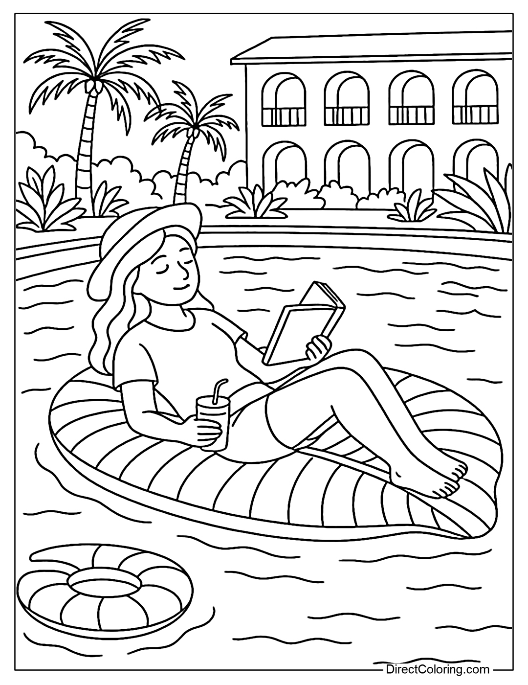 A coloring page of adults reading a book on a long palm-shaped float, in a quiet resort pool.
