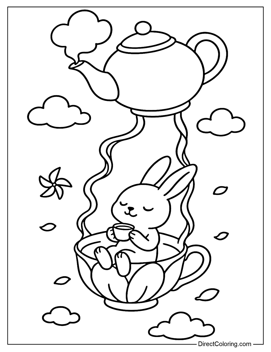 Coloring page of a swing from a teapot evaporating in the clouds, a little rabbit sipping tea under the peaceful sky.