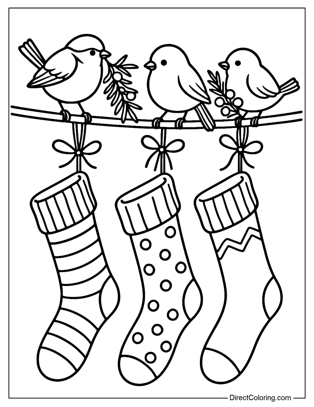 Winter Birds and Stockings Coloring Page Coloring Page Little birds perch on the stockings hanging on the porch, carrying pine branches and red berries.