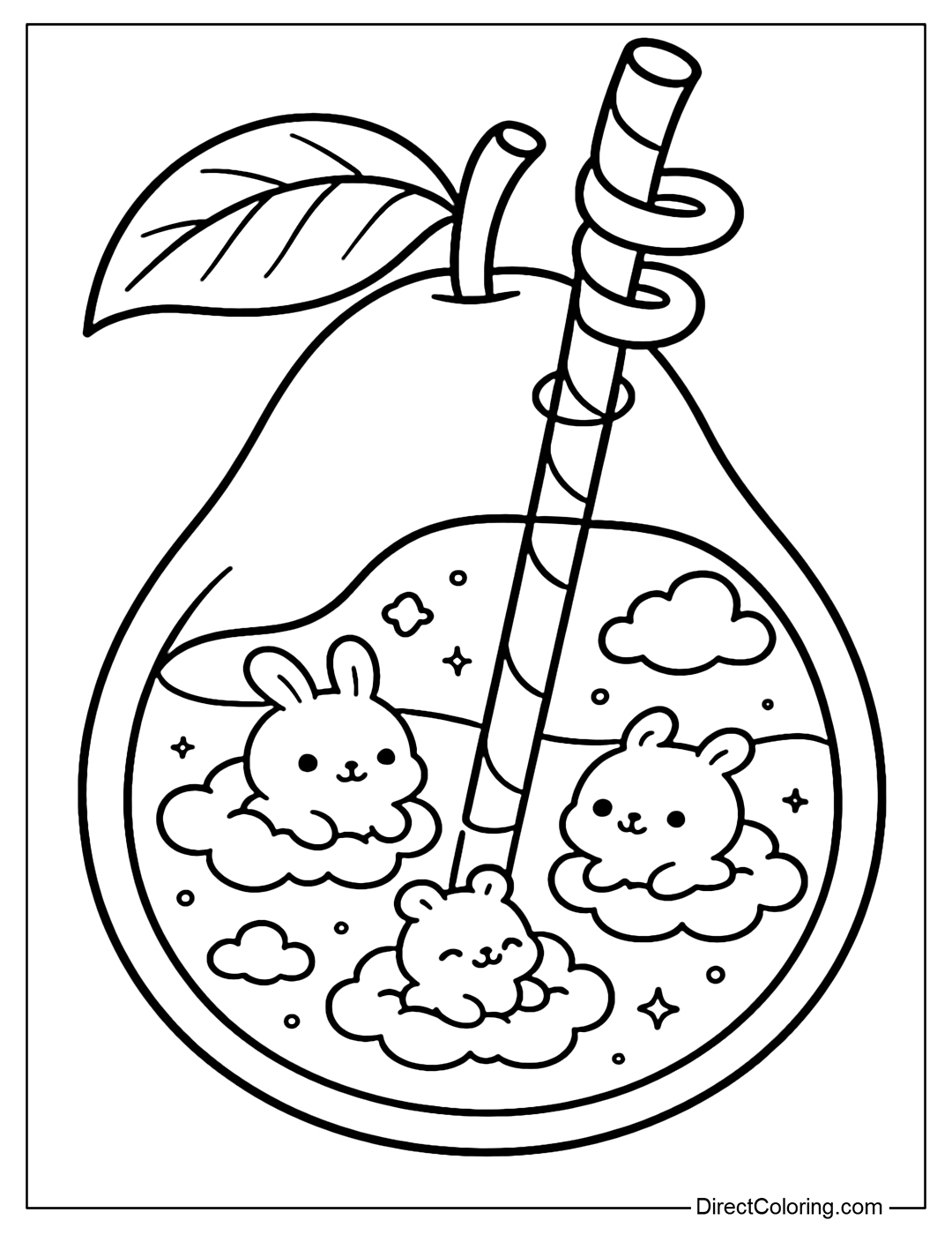 A transparent guava coloring page, with a twisted straw, inside contains clouds and cute creatures and the straw can be seen.