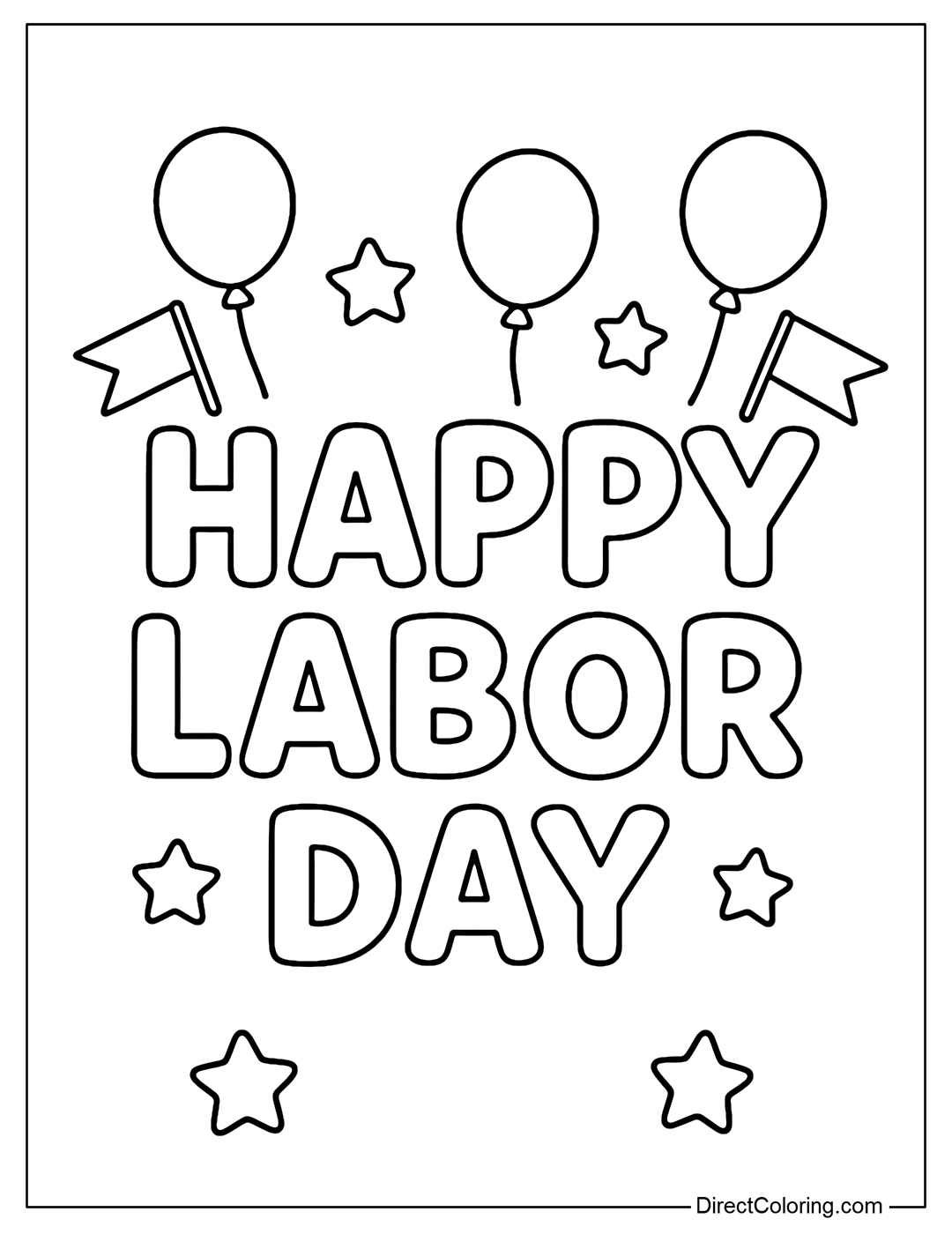 Happy Labor Day coloring page with balloons, small flags, cute and balanced layout.