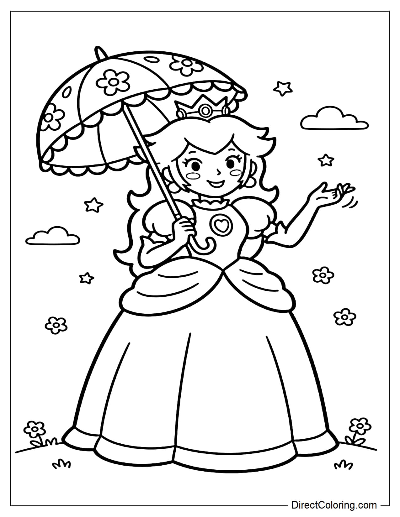 Princess Peach stands gracefully, holding an umbrella in one hand while posing elegantly with the other.