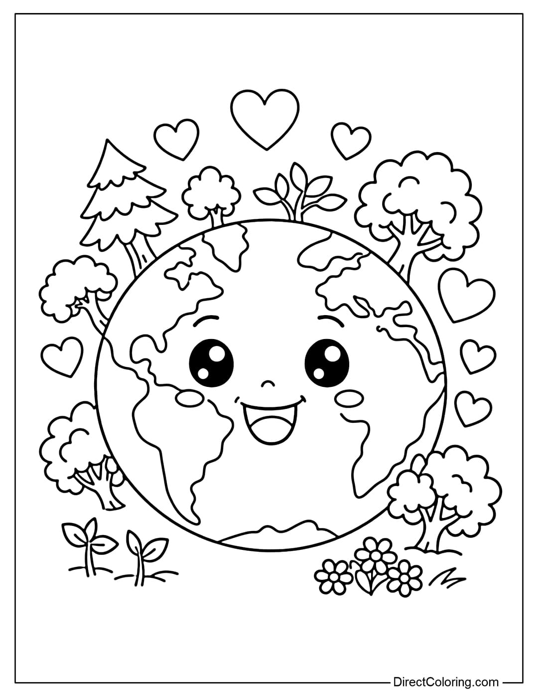A coloring page for the Earth with a cheerful face, surrounded by green trees and hearts.