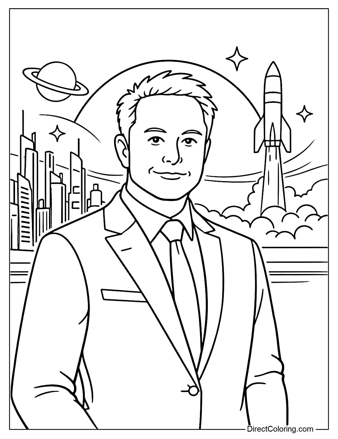 A coloring page of Elon Musk with an iconic demeanor, evoking a sense of a futuristic character.