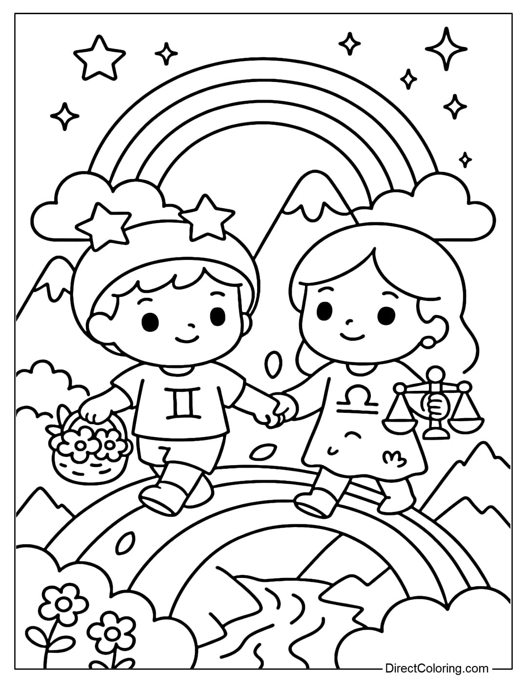 Coloring page of Gemini and Libra twins, walking on a raft connecting two mountains, surrounded by rainbows and bright stars.