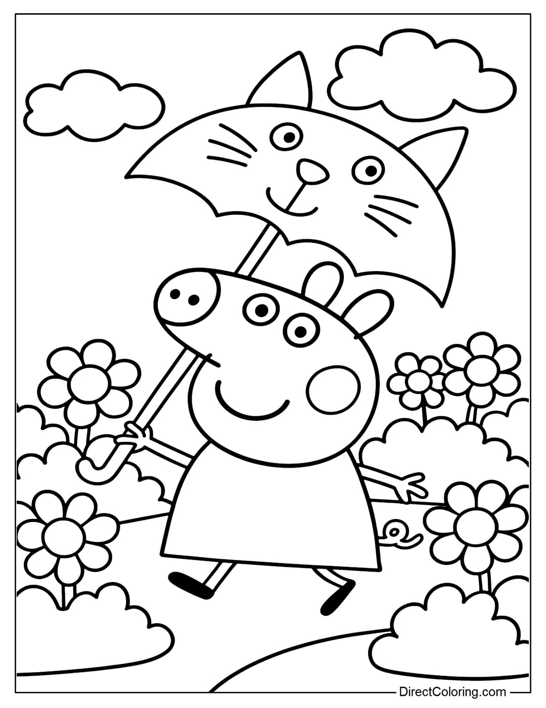 A coloring page of Peppa Pig holding a cute cat ear umbrella and frolicking in a flower garden.