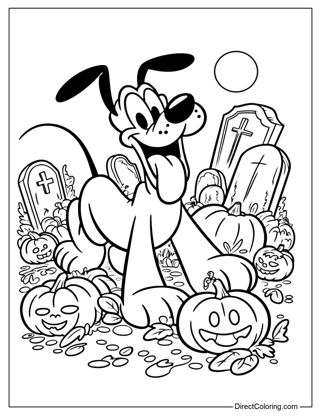 Pluto coloring page in the cemetery with spooky pumpkins.