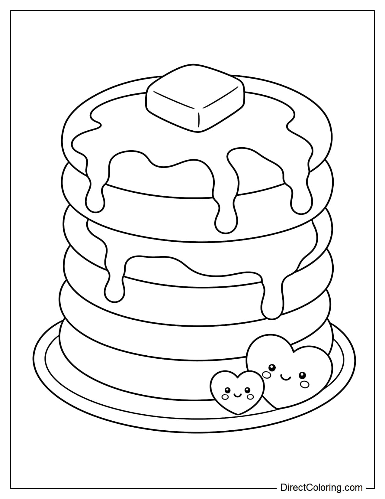 A large stack of clearly defined pancakes with a light drizzle of syrup running down the edges.