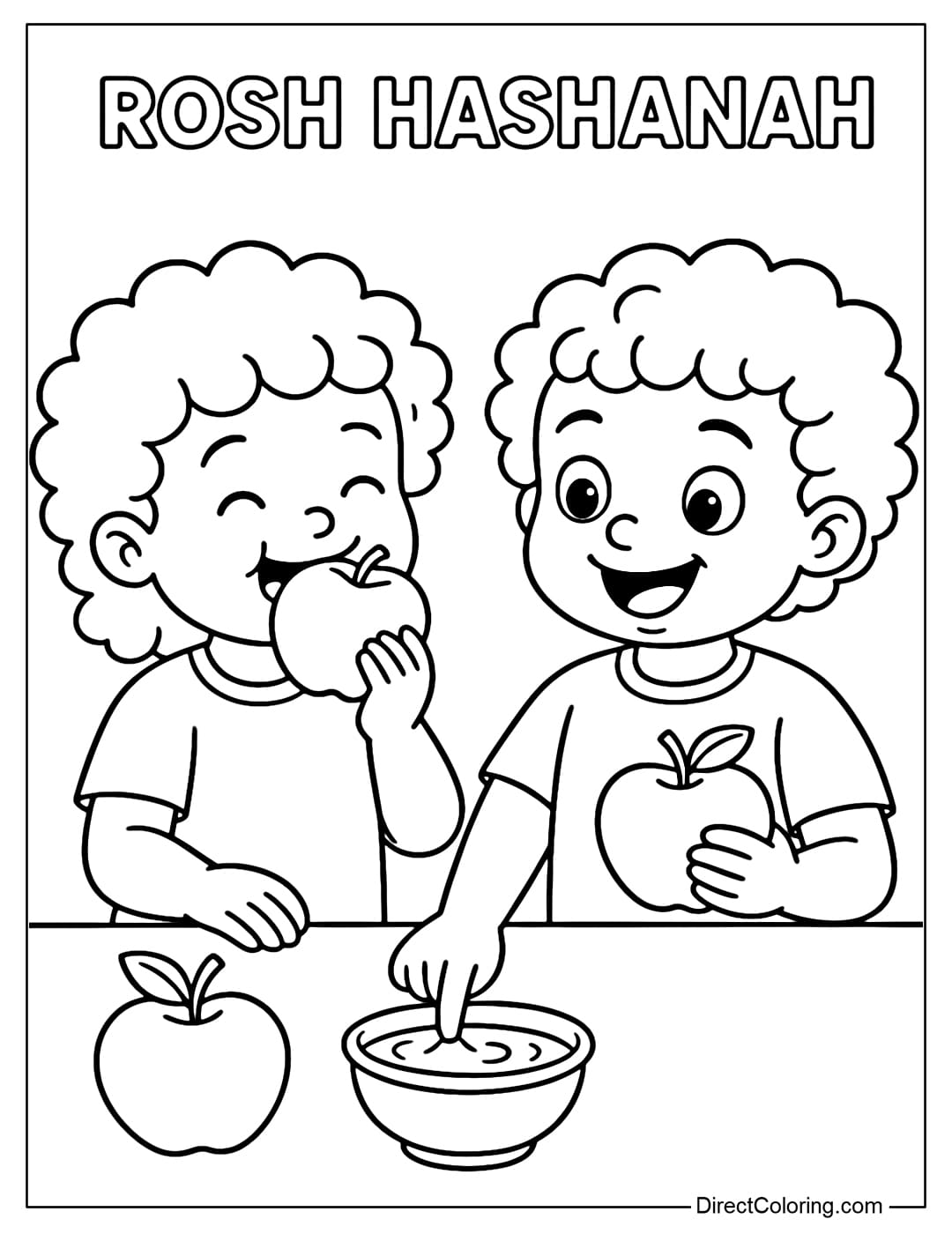 Coloring page of two cute curly-haired babies happily eating apples, dipping their hands in a bowl of honey.