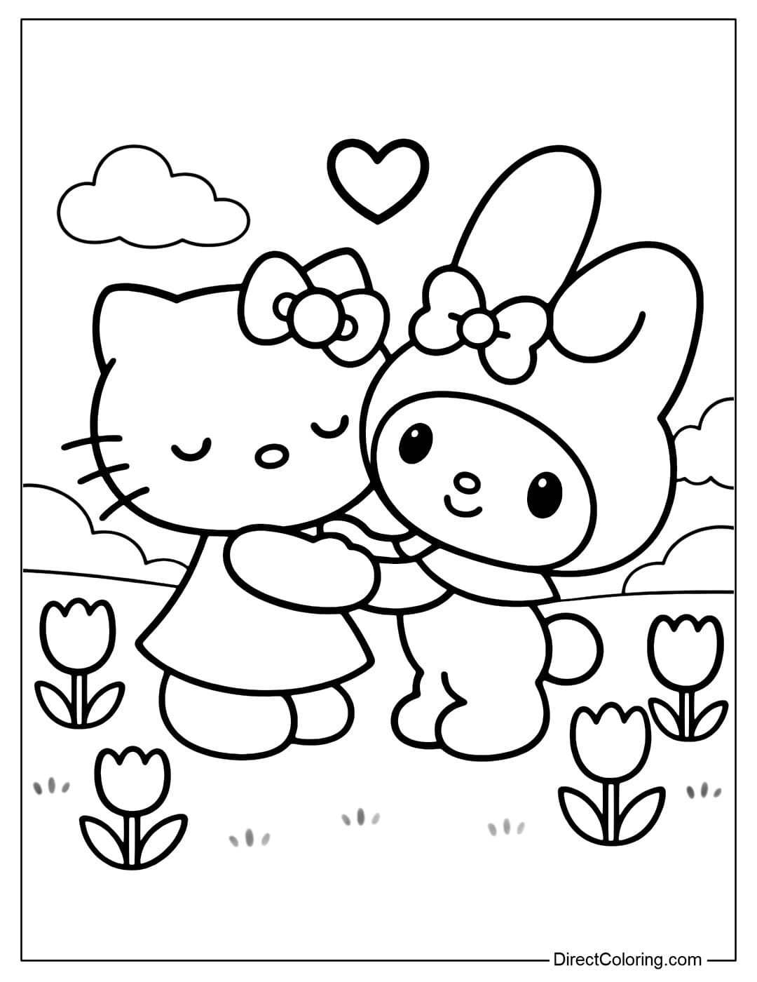 This coloring page shows the two adorable friends, My Melody and Hello Kitty, hugging each other in a flower garden.