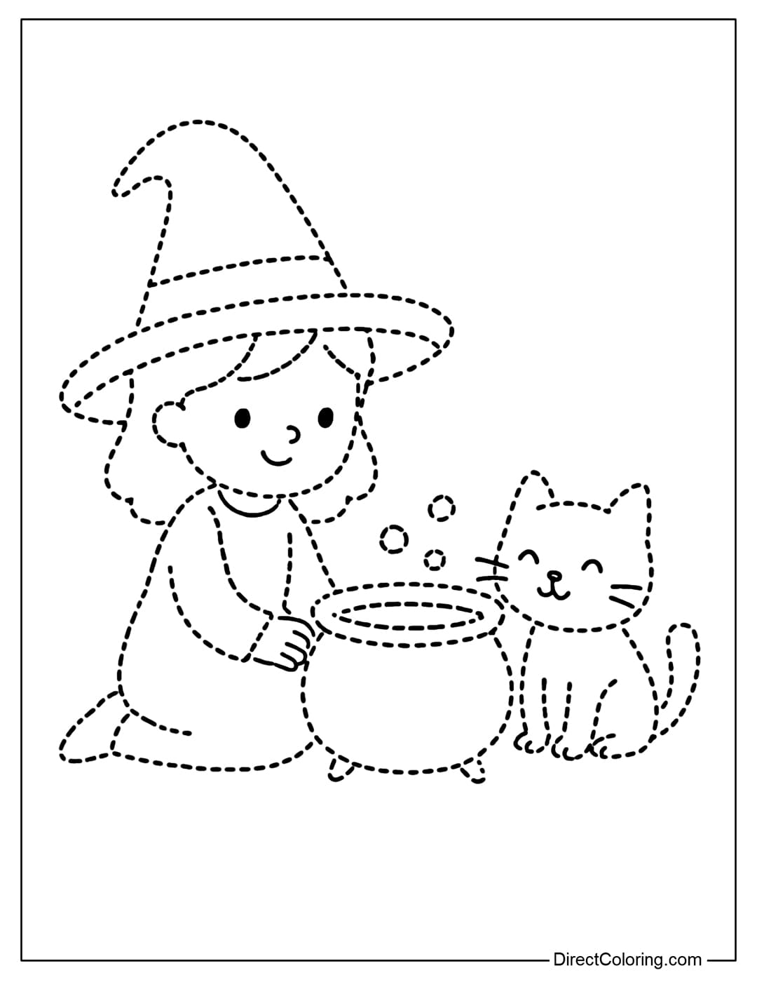 A little witch tracing coloring page sitting next to a kitten, both looking at the potion.