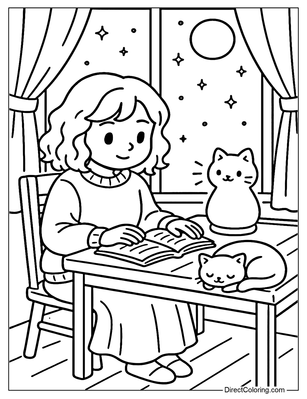 A coloring page of a girl reading a book under the light of a cute cat-shaped table lamp, with her real cat curled up next to her.