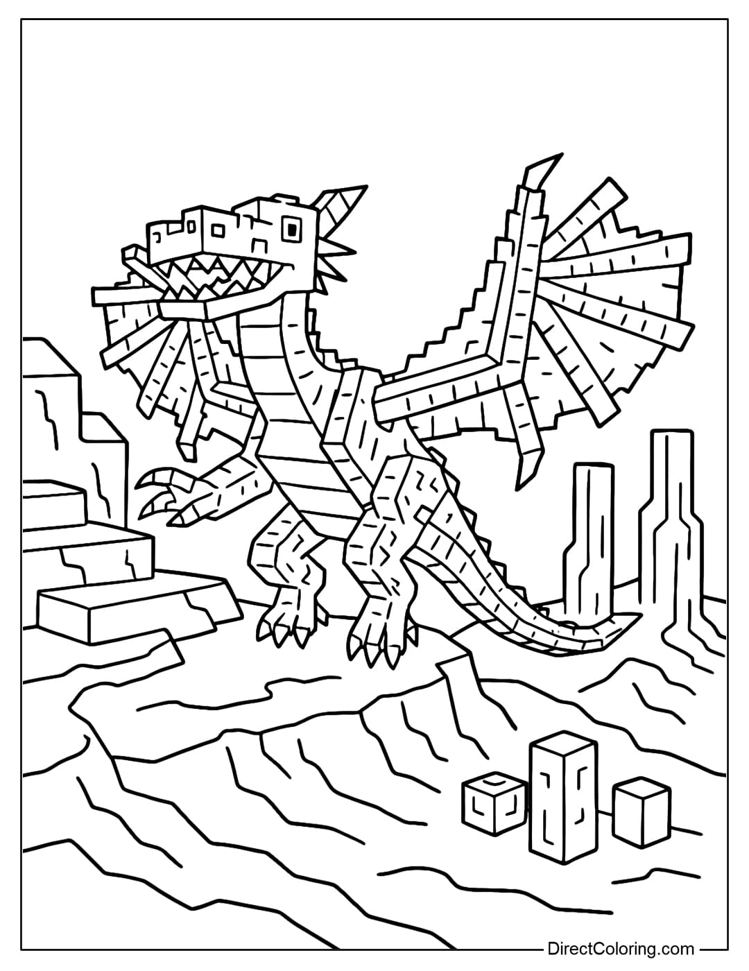 Dragon Cannelloni Coloring Page on the mountain road, with several large lego stone steps.