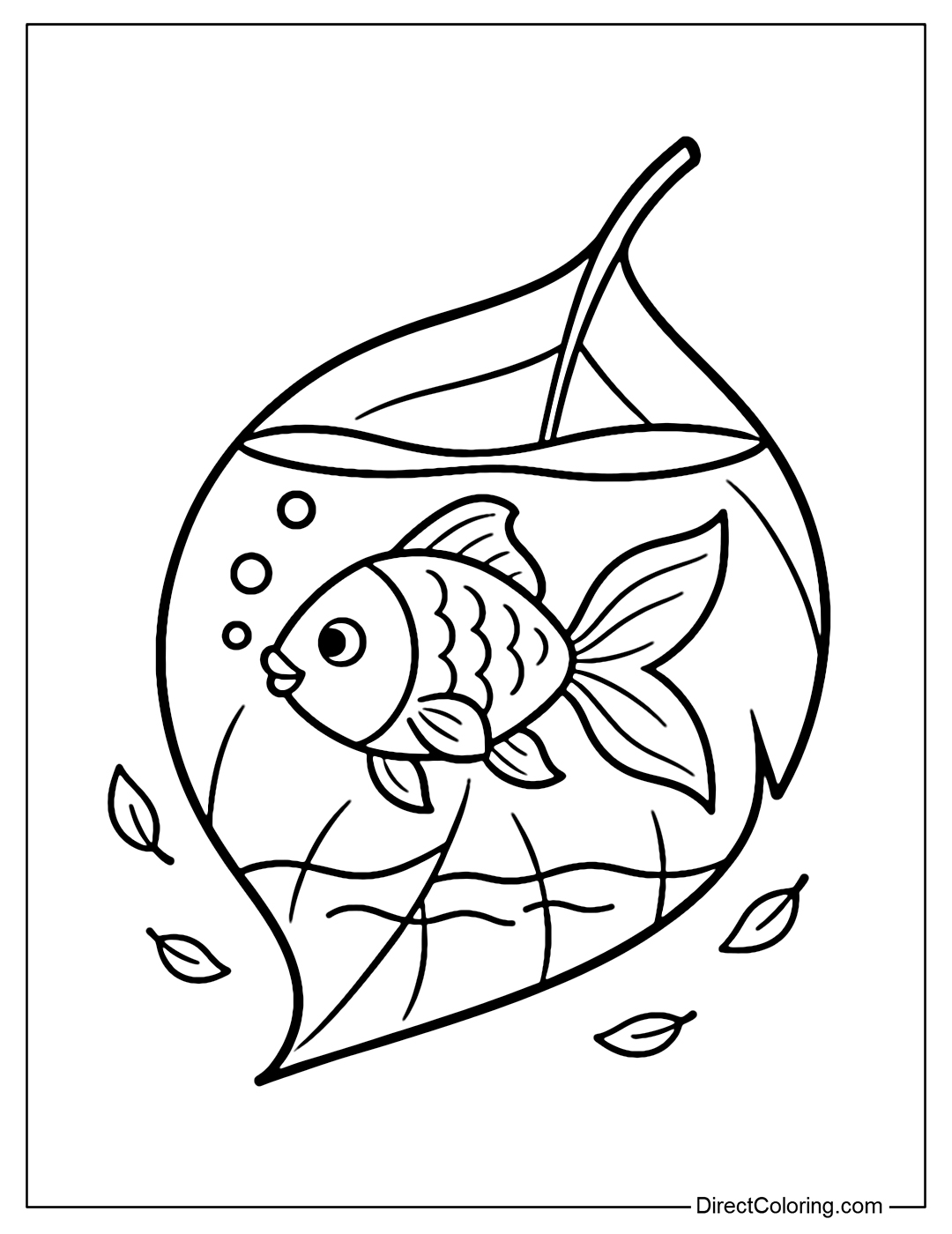 A coloring page of a small fish tank but the tank is made of transparent leaves, with goldfish swimming around.