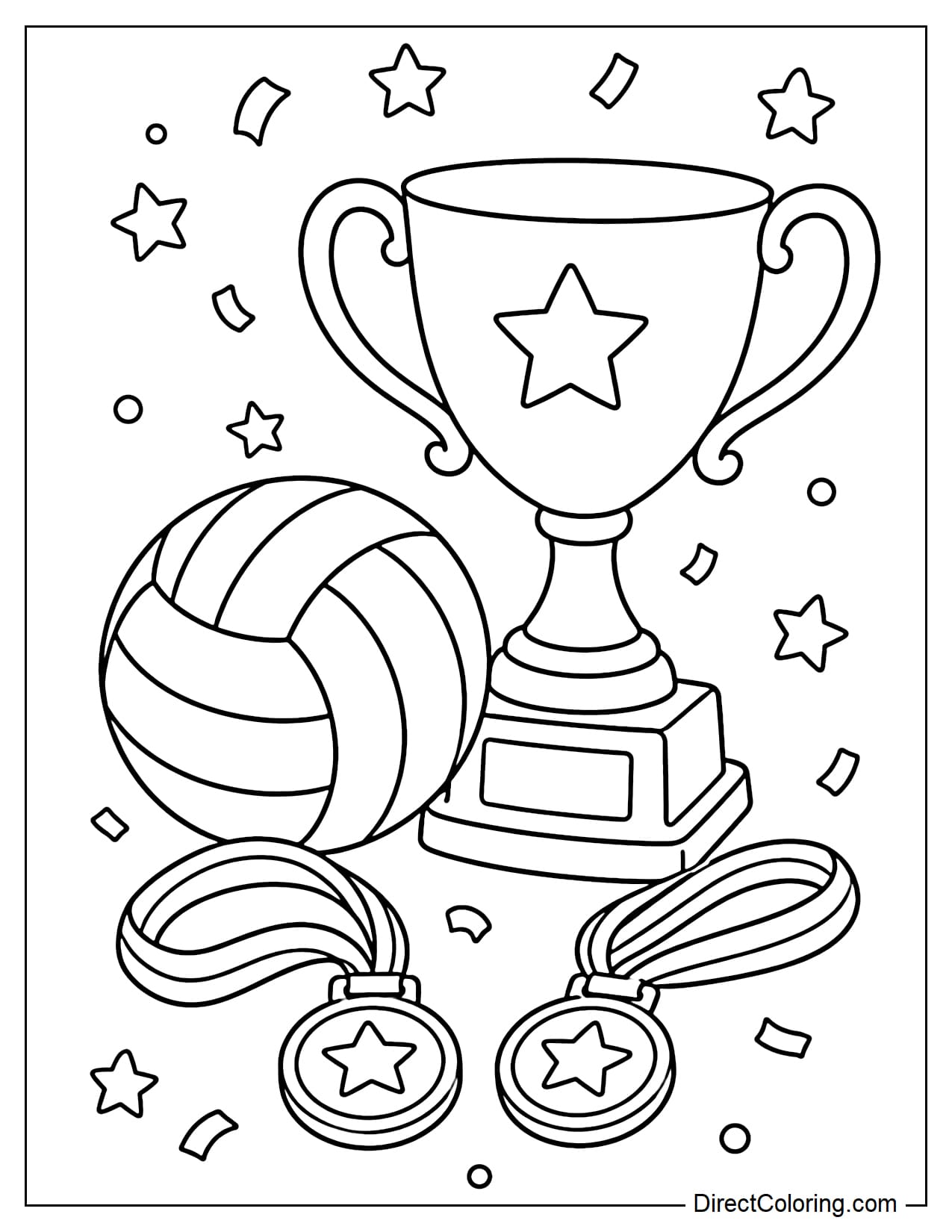 A volleyball is placed beside a large sports trophy and two small medals, with a few pieces of confetti and stars around them.