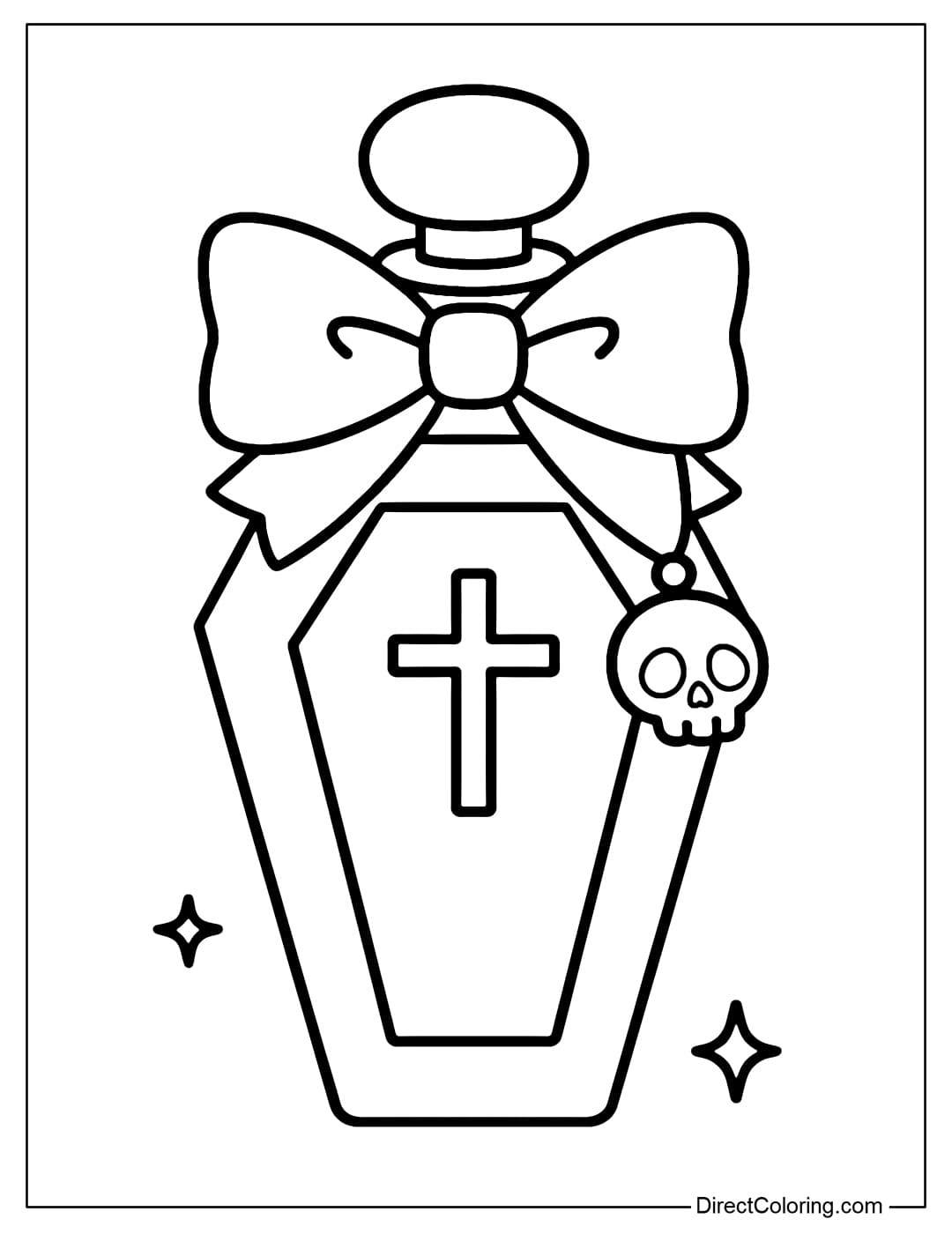 A coffin-shaped perfume bottle coloring page with a big bow on the neck and a dangling skull charm.