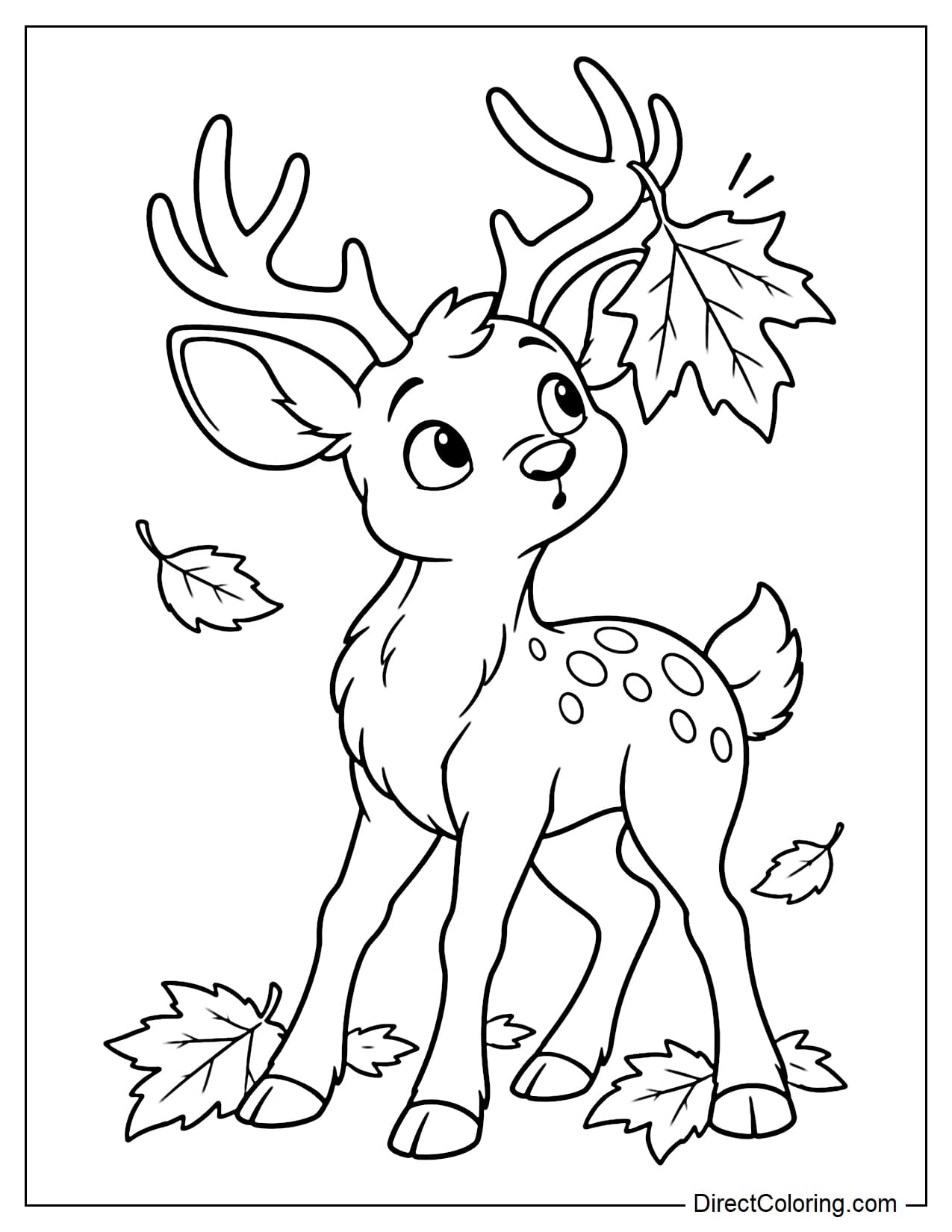 A deer tilting its head toward a large maple leaf caught on its antler, with a few large leaves falling around its feet.