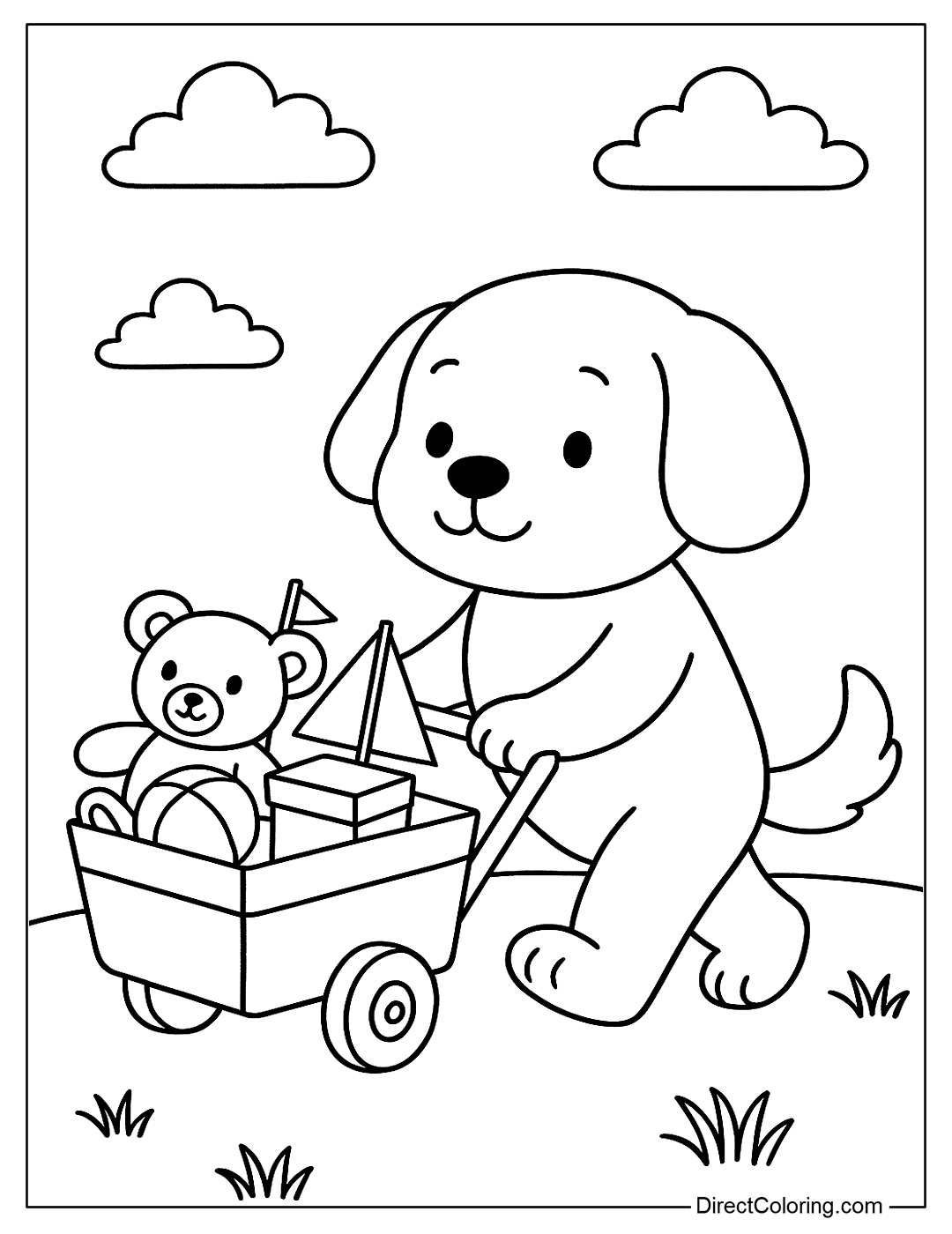 Dog Pushing a Small Cart with Toys Coloring Page