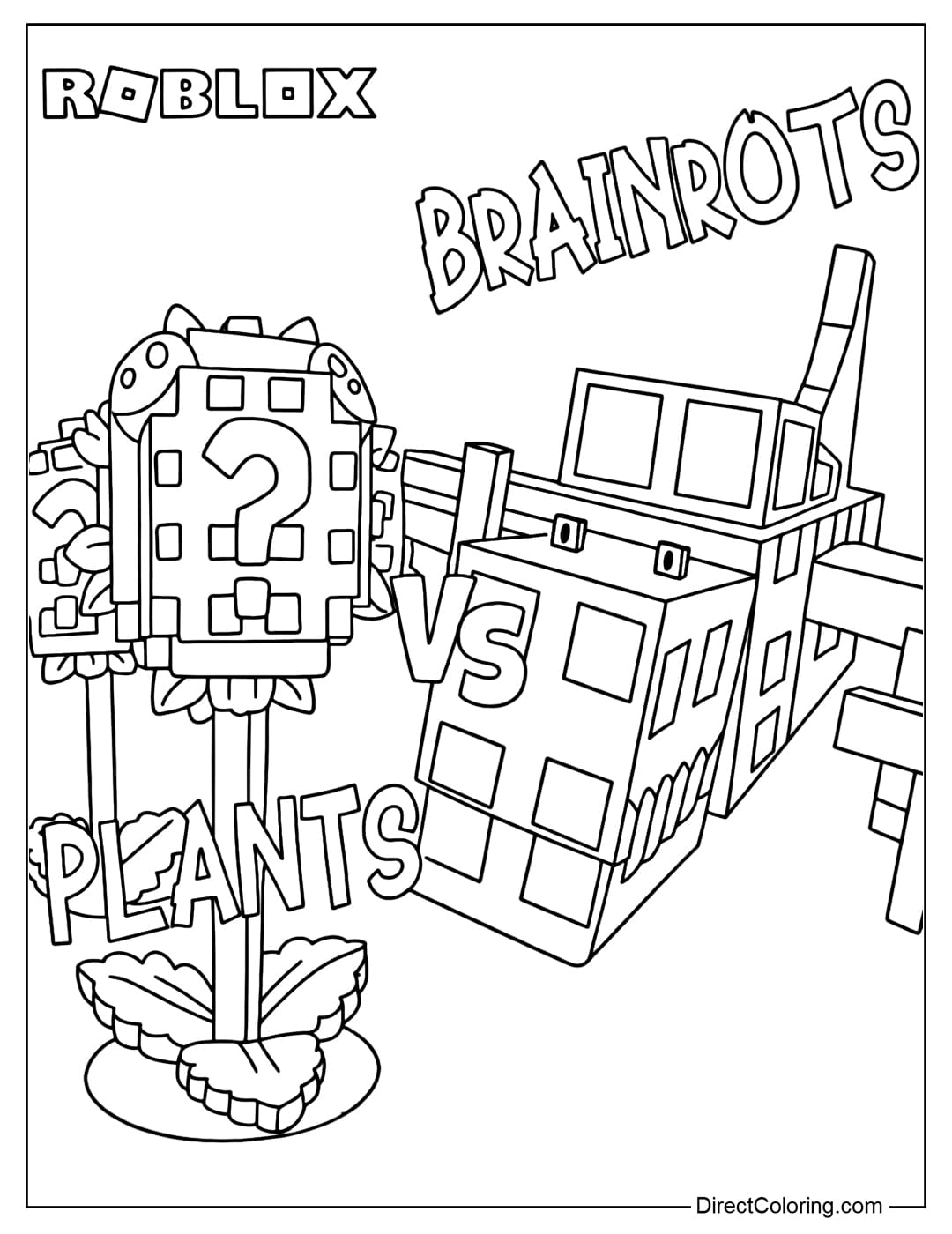 Coloring page of Plants vs Brainrots with 2 characters Dragon Fruit vs Bombardiro Crocodilo in the game Plants vs Brainrots Roblox.
