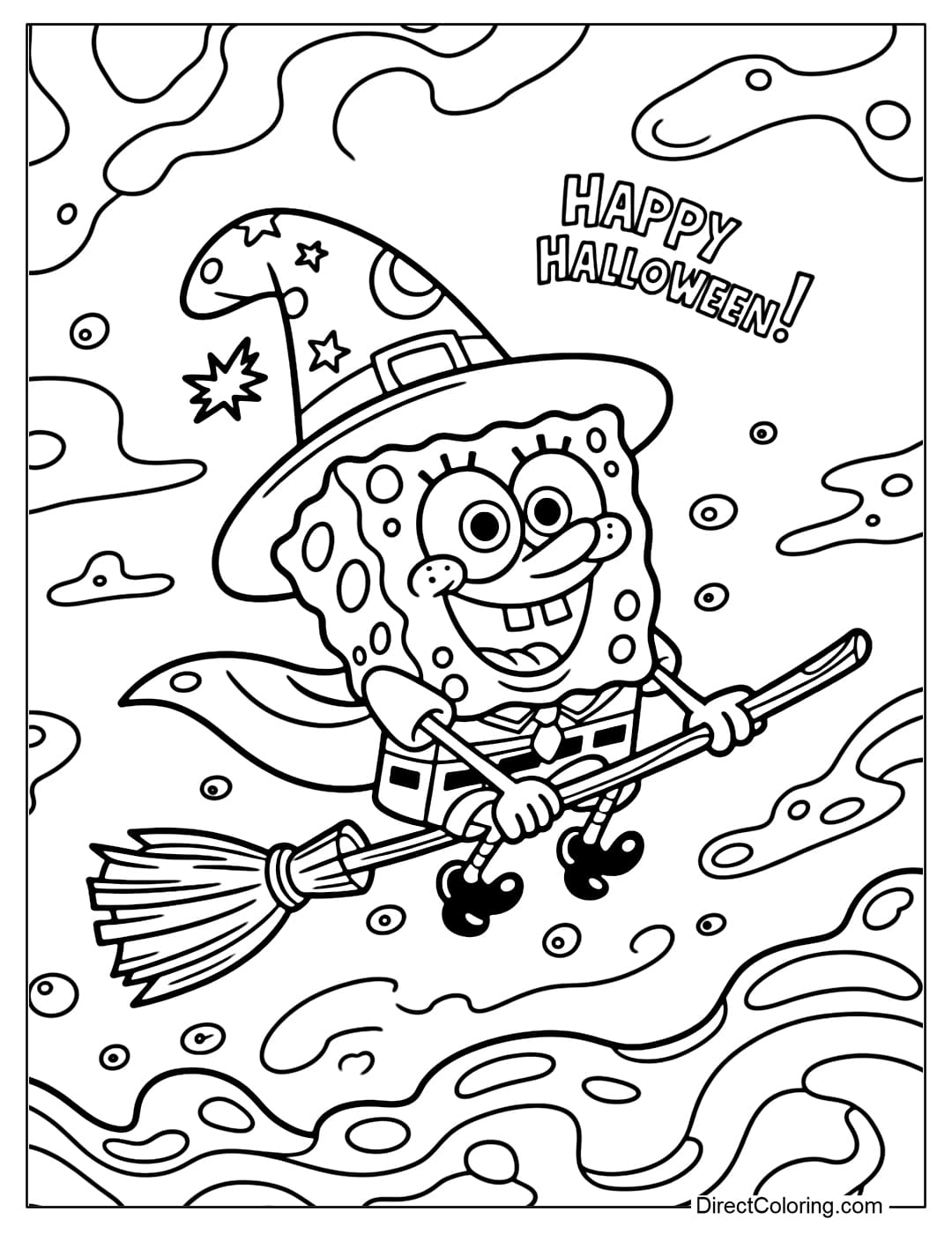 Spongebob coloring page wearing a witch hat, riding a broom flying in a magic sponge.