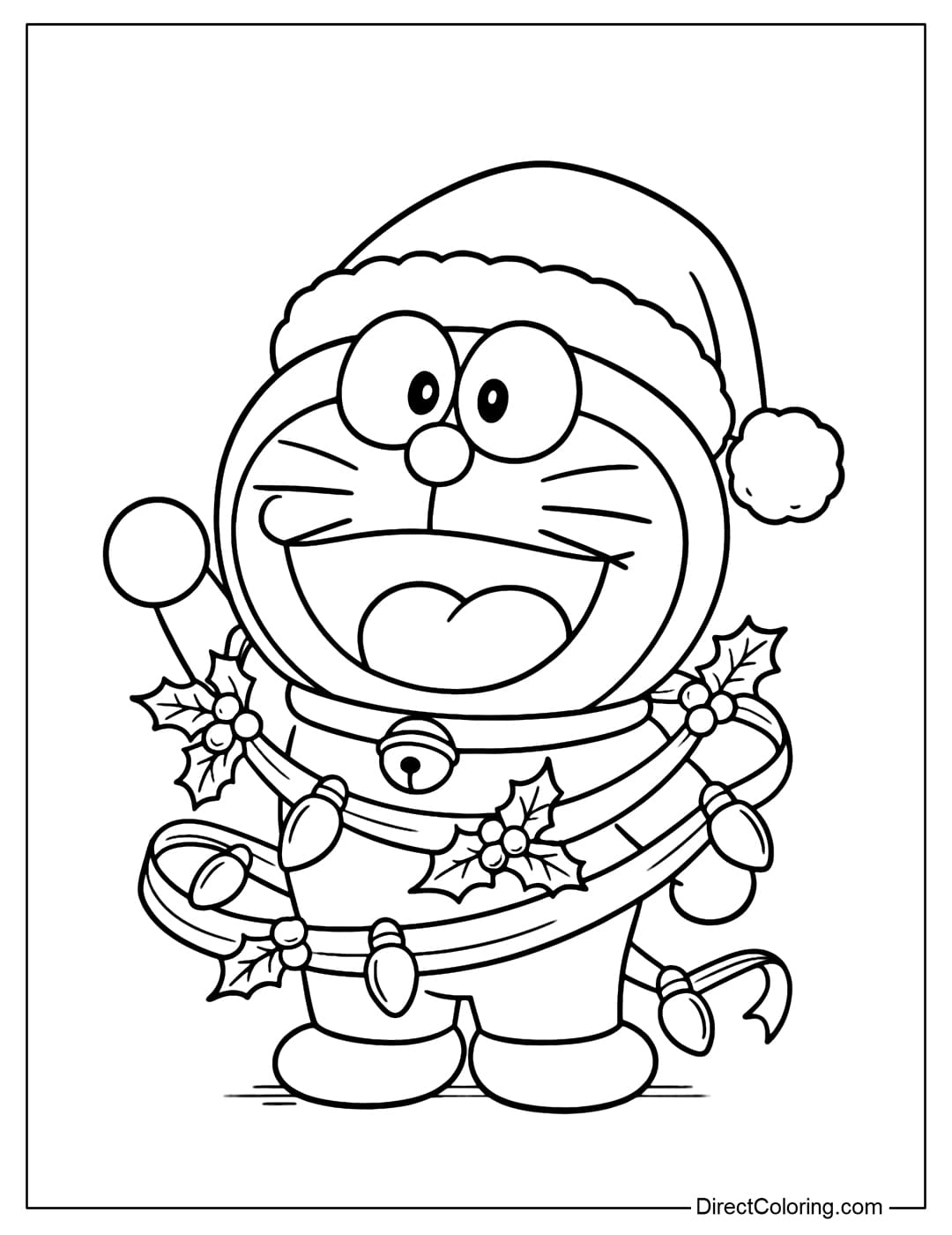 Doraemon coloring page surrounded by Christmas lights decorated with Christmas bulbs, holly leaves and berries.