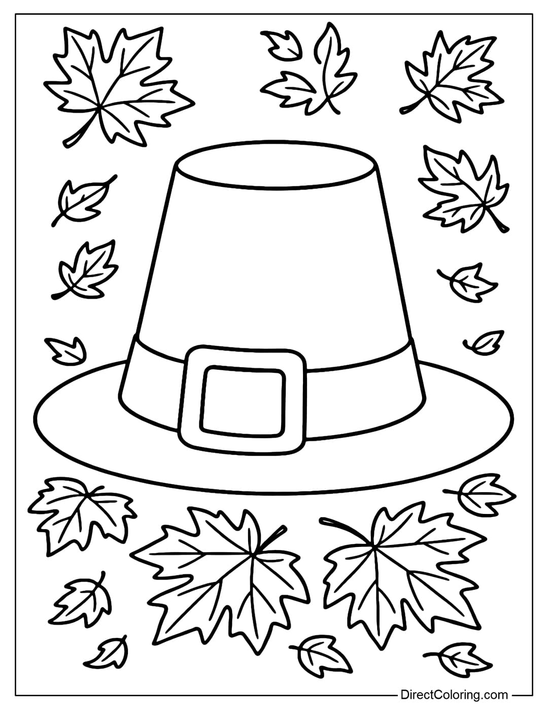 A classic Pilgrim hat coloring page among the fallen red and orange maple leaves.