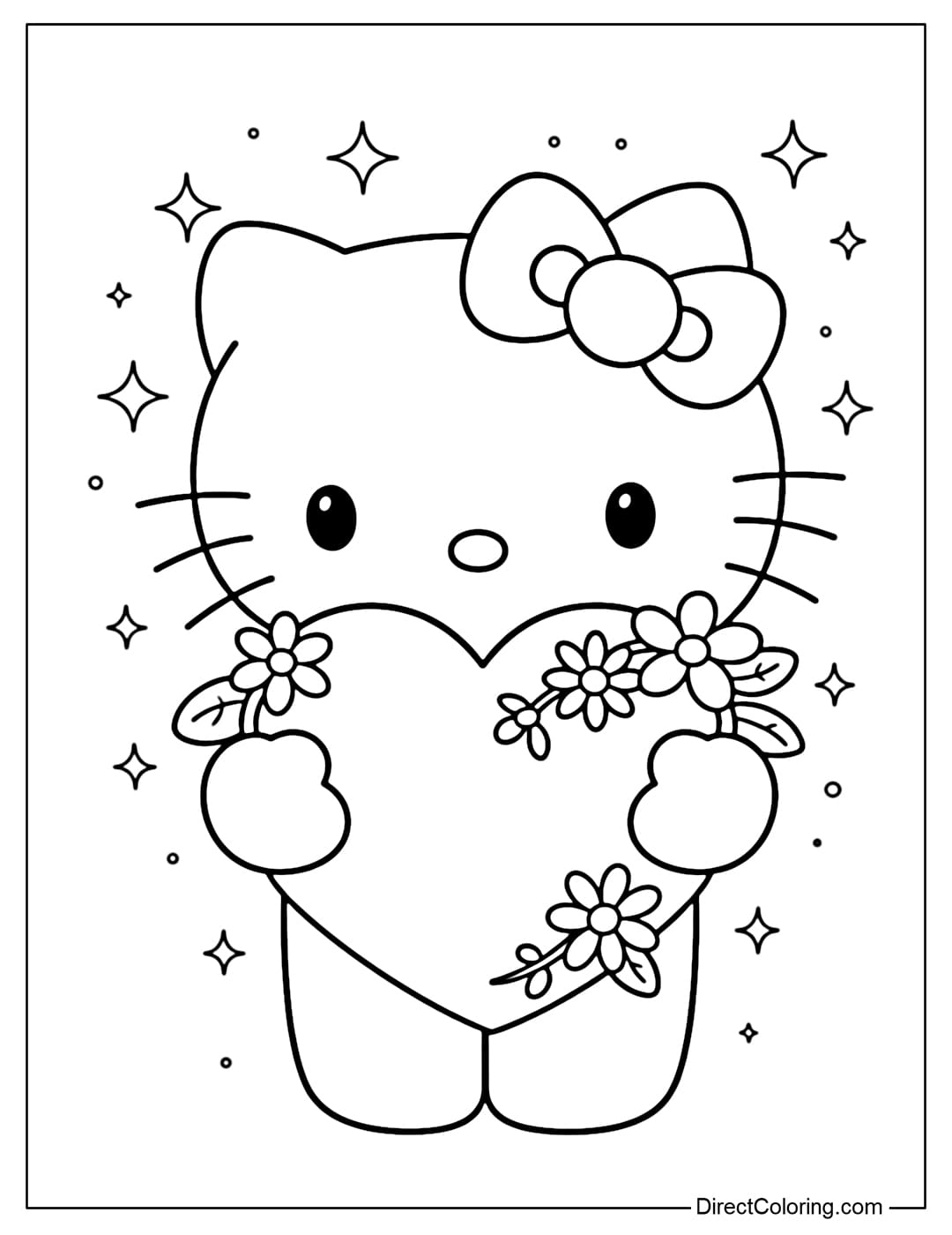 A coloring page featuring Hello Kitty holding a large heart adorned with small flowers and a bow, with a gentle expression.