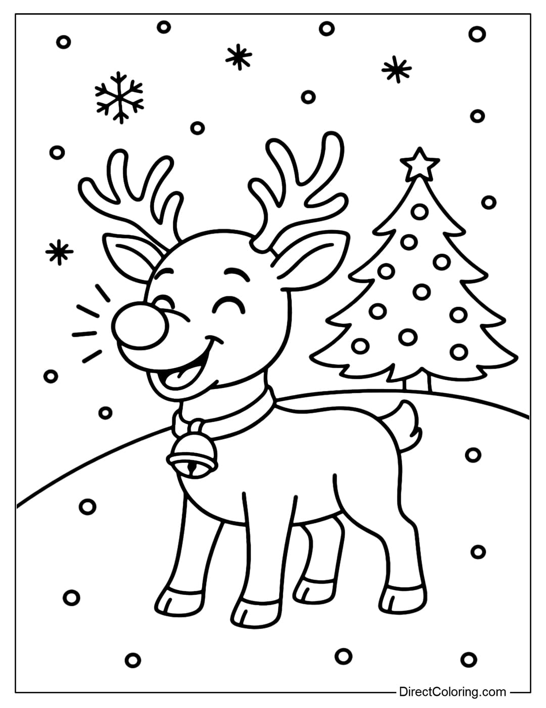 A coloring page of Rudolf the Reindeer with a glowing red nose.