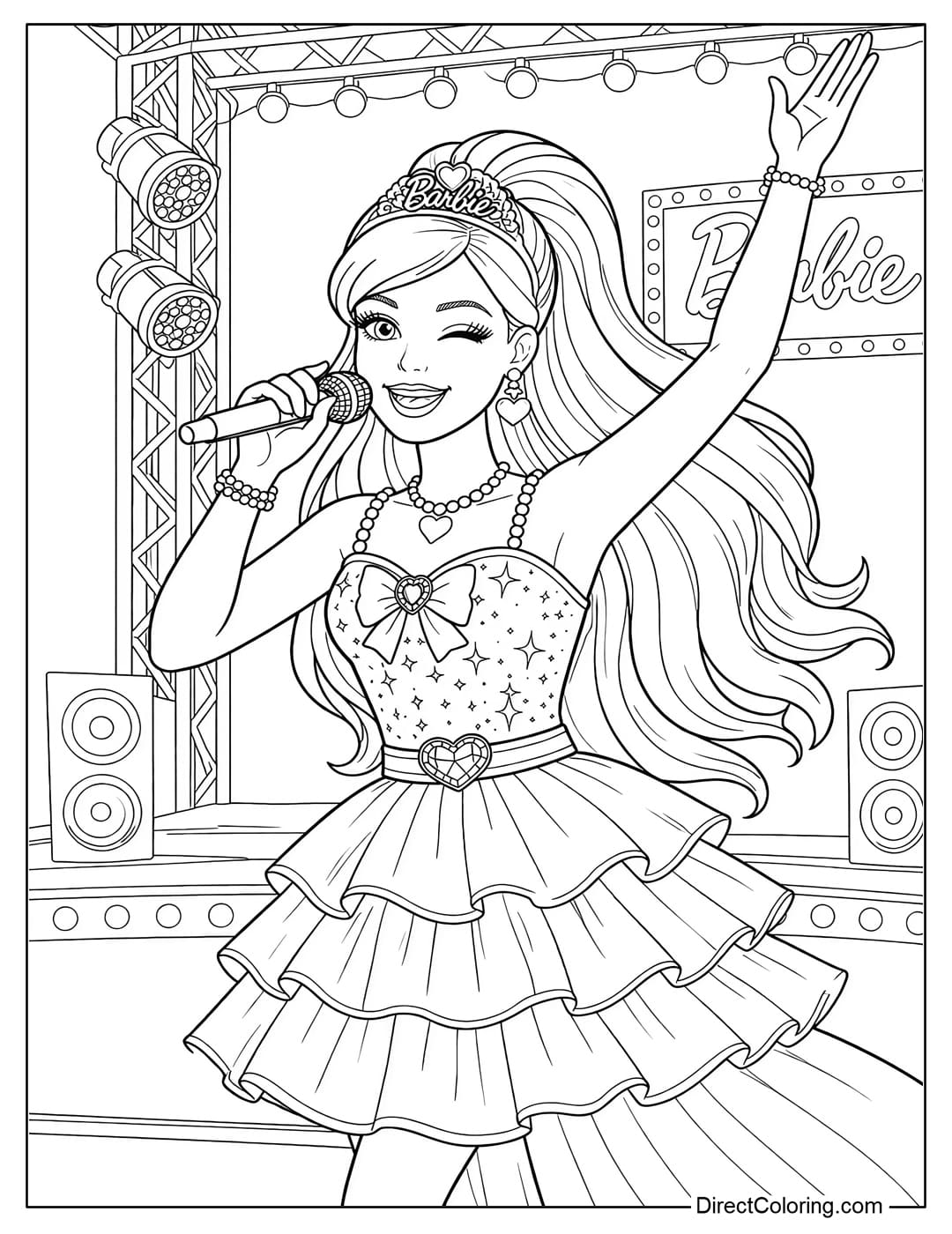 A coloring page of Barbie performing a song on stage.