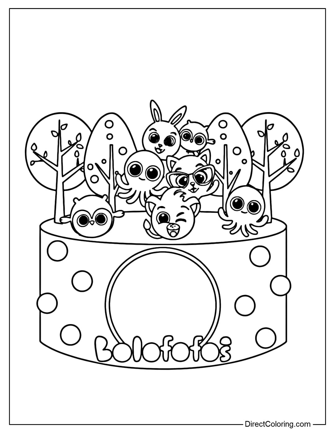 A coloring page of a birthday cake with the characters Rick, Pow, Sophie, Bunny, Pipi from Bolofofos.