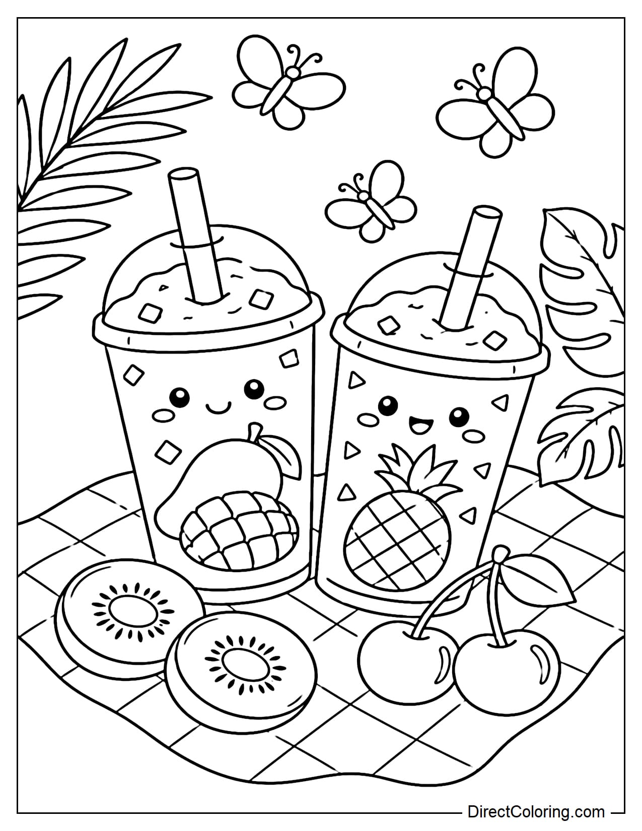 Two mango and pineapple smoothie cups are placed on a picnic blanket with large kiwi slices and cherries. There are butterflies and palm leaves around them.