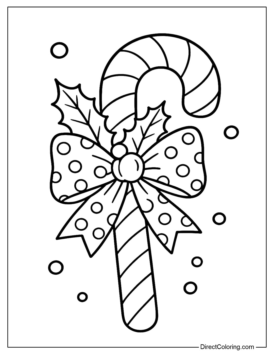 Candy cane coloring page with a large polka dot bow, holly leaves in the middle of the bow.