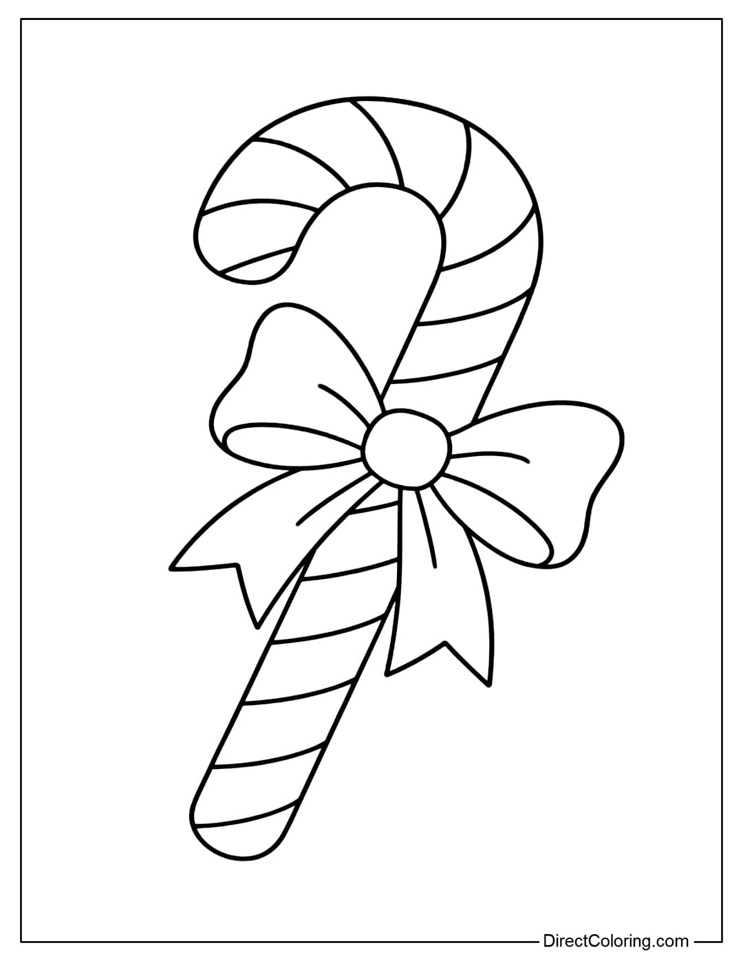 Coloring page of a striped candy cane with a large bow tied in the middle.
