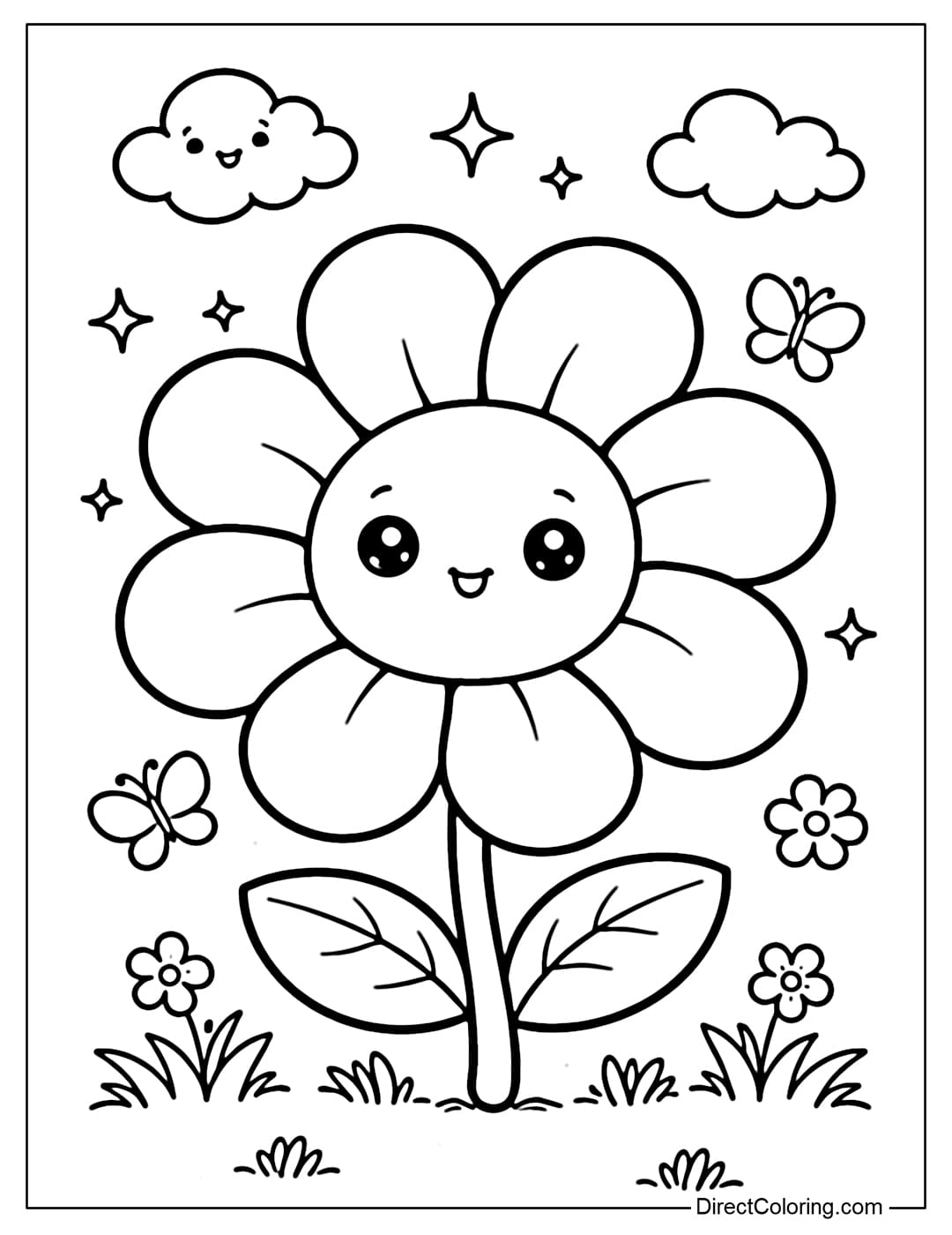 A cartoon-style flower coloring page with thick, round petals, a short stem, and an adorable shape.
