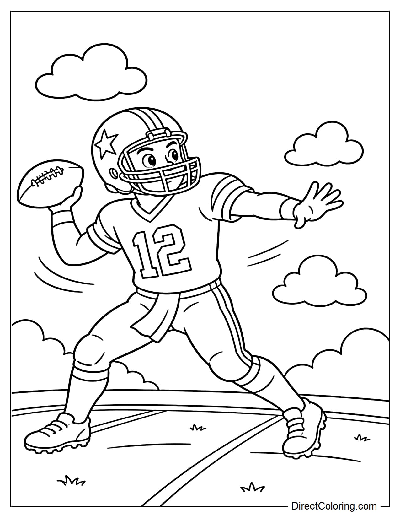 A quarterback twists his upper body and prepares to throw a strong forward pass, with simple motion lines and a few small clouds in the background.