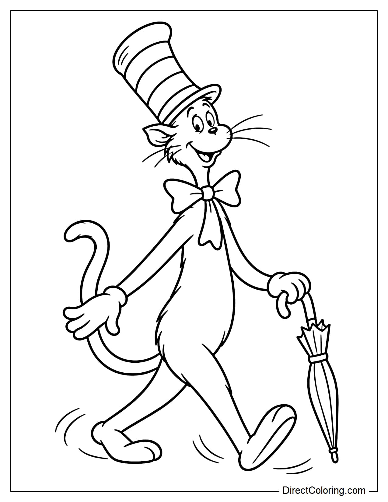 The Cat in the Hat walks cheerfully along with a closed umbrella in one hand, taking a playful step forward.