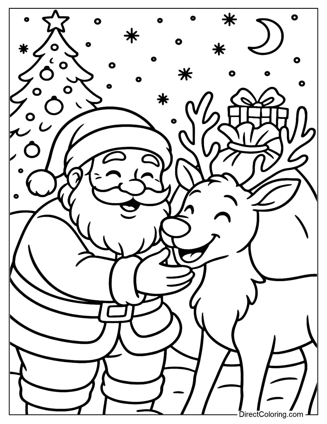 Reindeer and Santa Claus Coloring Page Coloring page of Santa Claus stroking the friendly reindeer with a big bag of gifts.