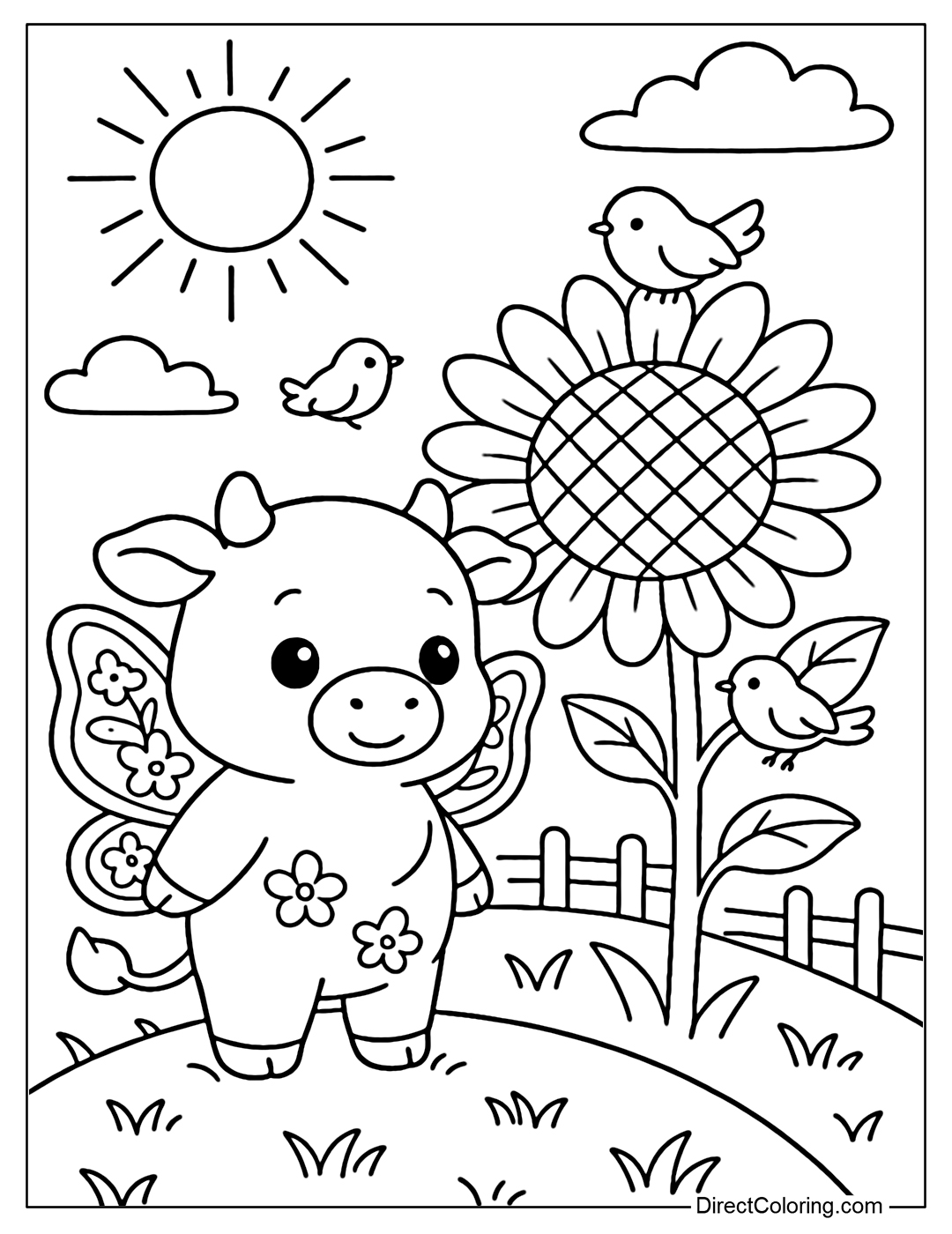 A chubby baby cow coloring page with big soft fairy wings covered with floral patterns, standing on a green grassy hill next to a giant sunflower.