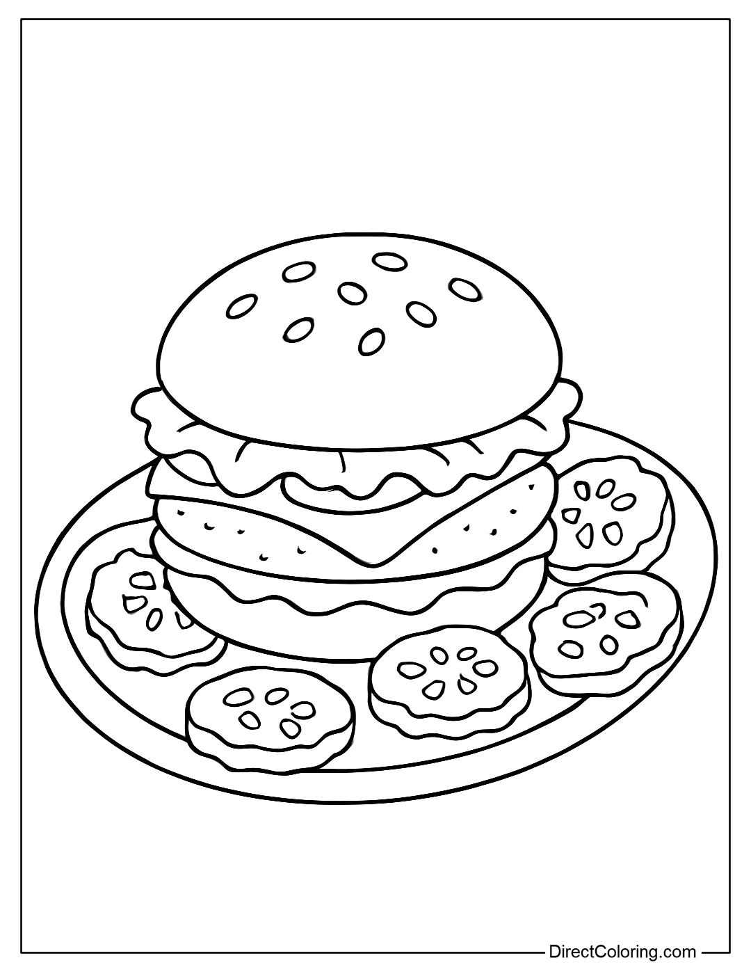 A hamburger coloring page surrounded by slices of pickles