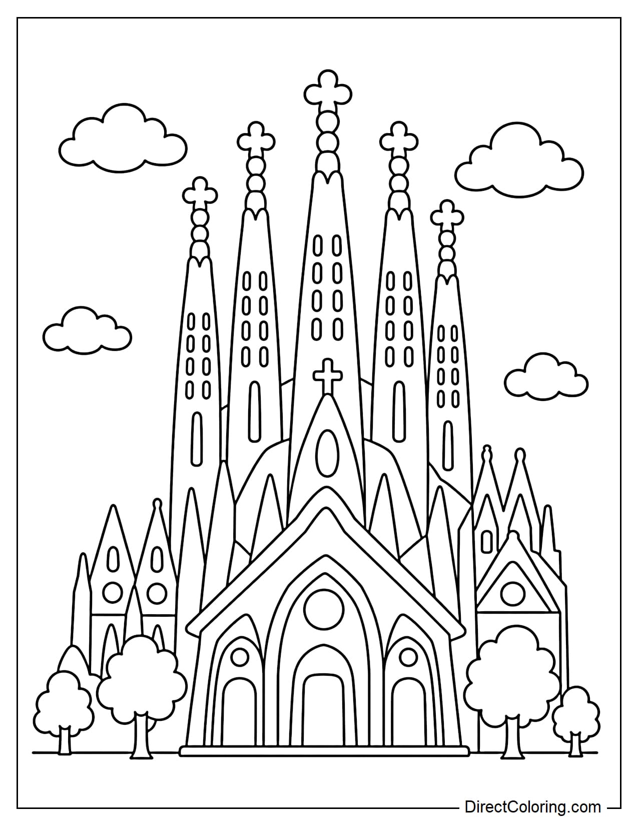 The famous Sagrada Família church in Spain, with its tall, distinctive spires, simplified childlike forms, and a few small trees and clouds in front.