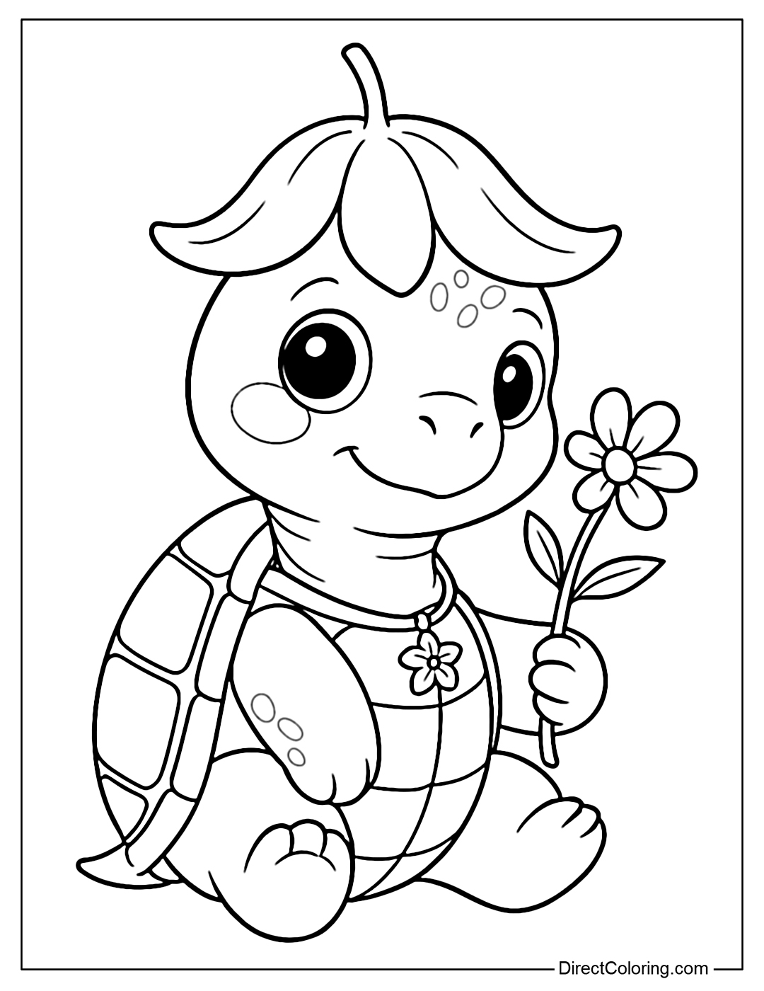A coloring page of a cute little turtle with a large flower gently covering its head like a hat, holding a single soft flower branch in its hand, with clear eyes.