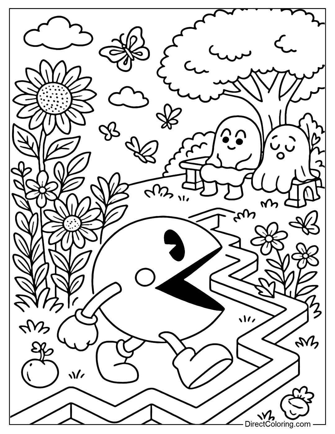 A coloring page of Pac-Man in a colorful flower garden maze, with sunflowers, daisies, flying butterflies and ghosts relaxing on a stone bench under the trees.