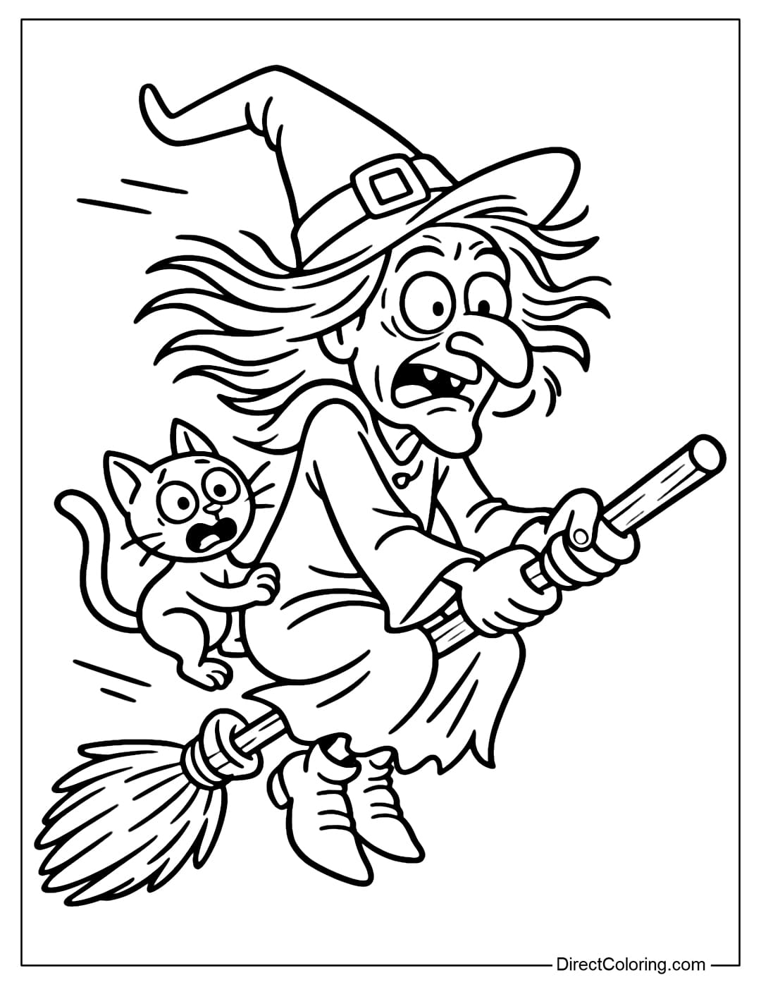 A witch with messy hair, riding a broomstick, a frightened little cat clinging to her back.