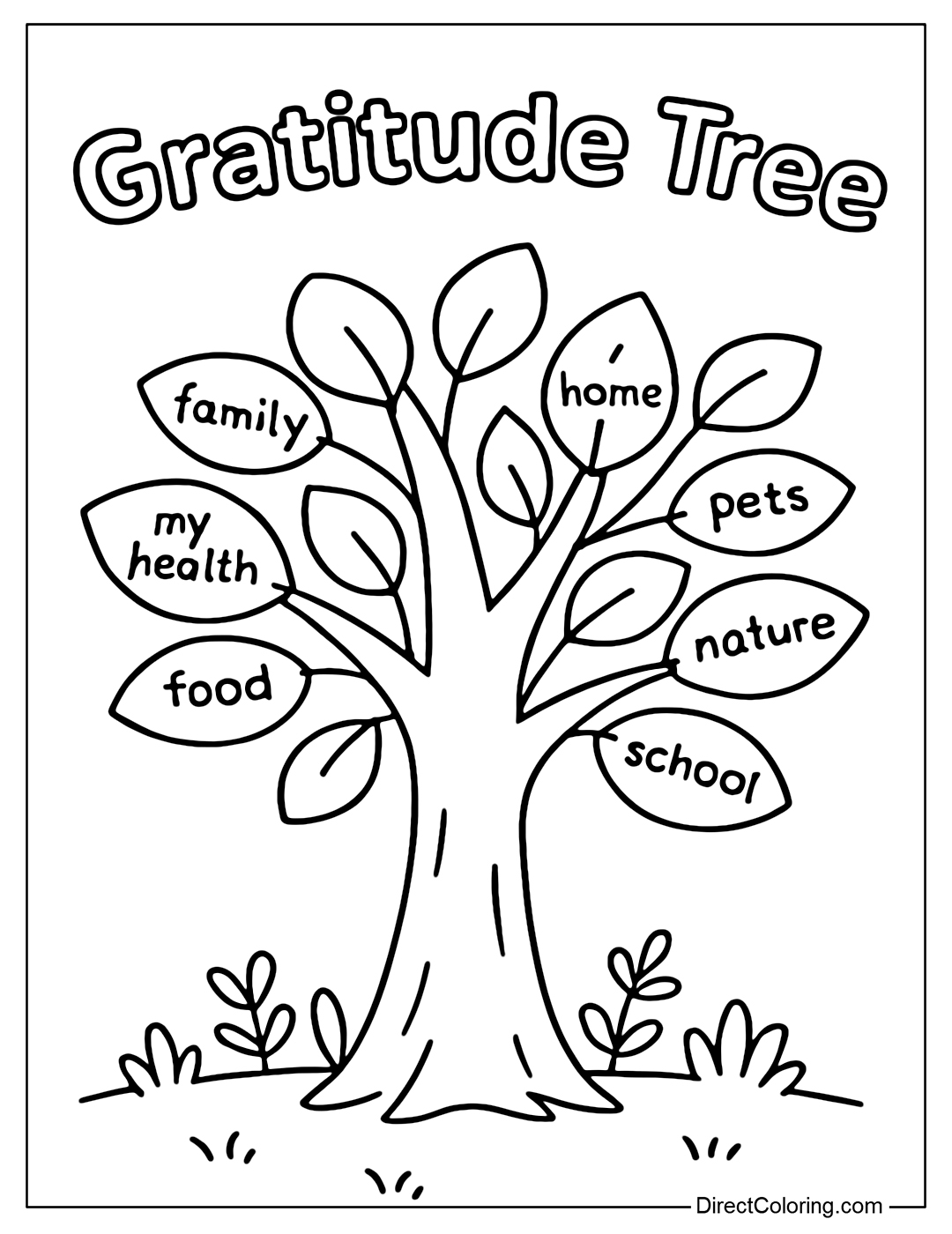 A coloring page of a gratitude tree with leaves that write down what makes your child happy every day.